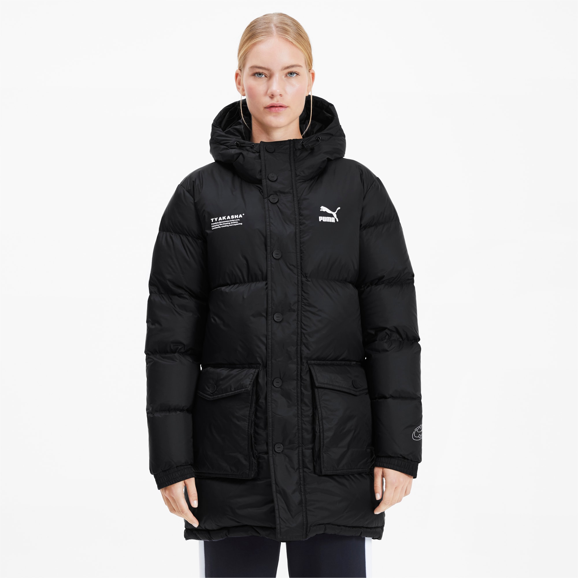 puma down filled black jacket with hood