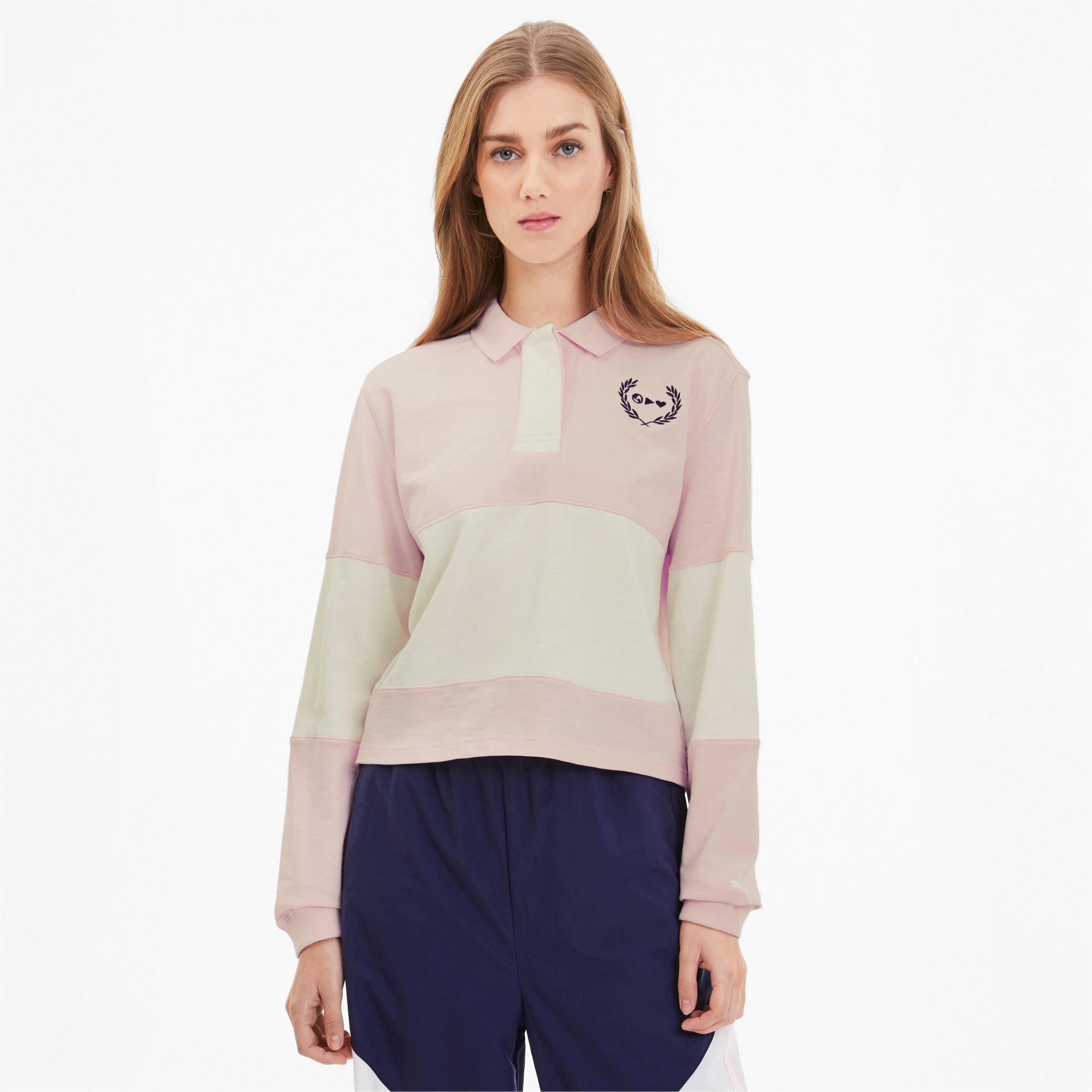 pink and white puma shirt