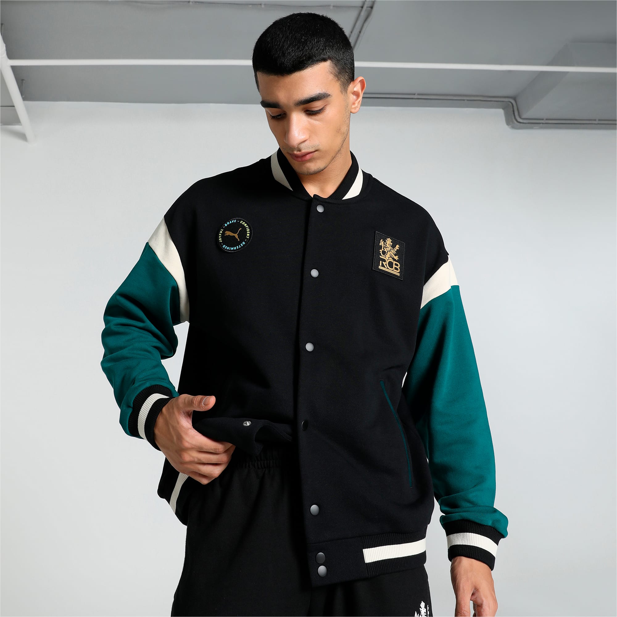 PUMA x RCB Men s Relaxed Fit Varsity Jacket PUMA