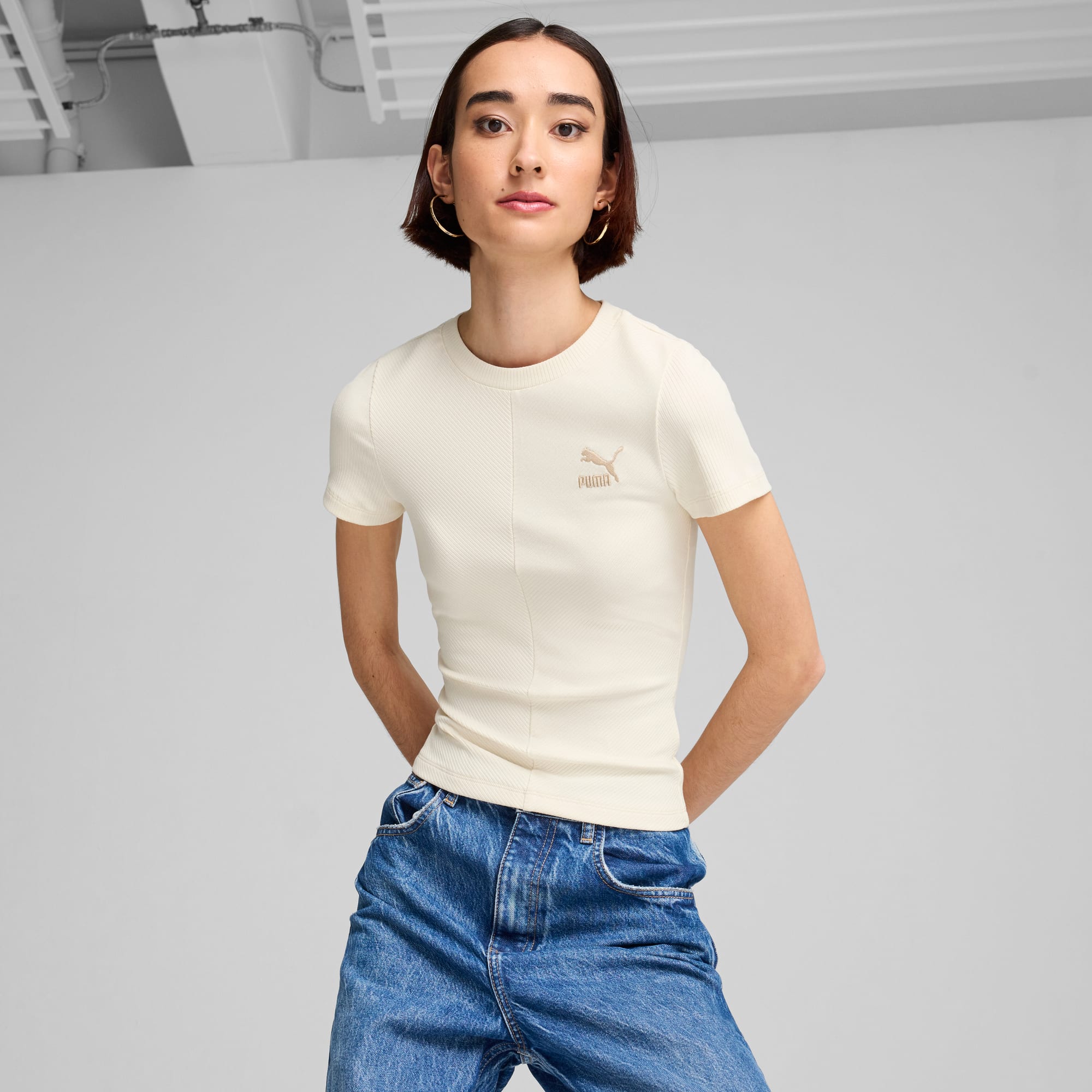 ★ PUMA★ Bias cut rib knit short sleeve t-shirt chamomile Wardrobe Essentials Women's Oversized Short Tee | PUMA
