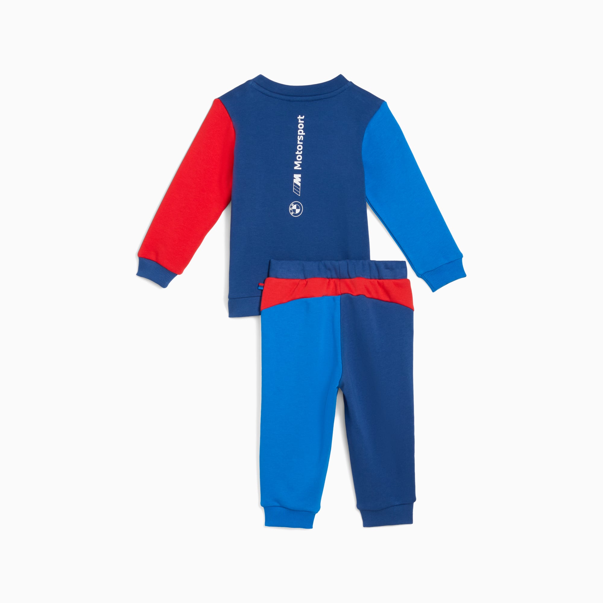 Kleurrijk PUMA-trainingspak voor kinderen met colour-block design en BMW Motorsport-logo.