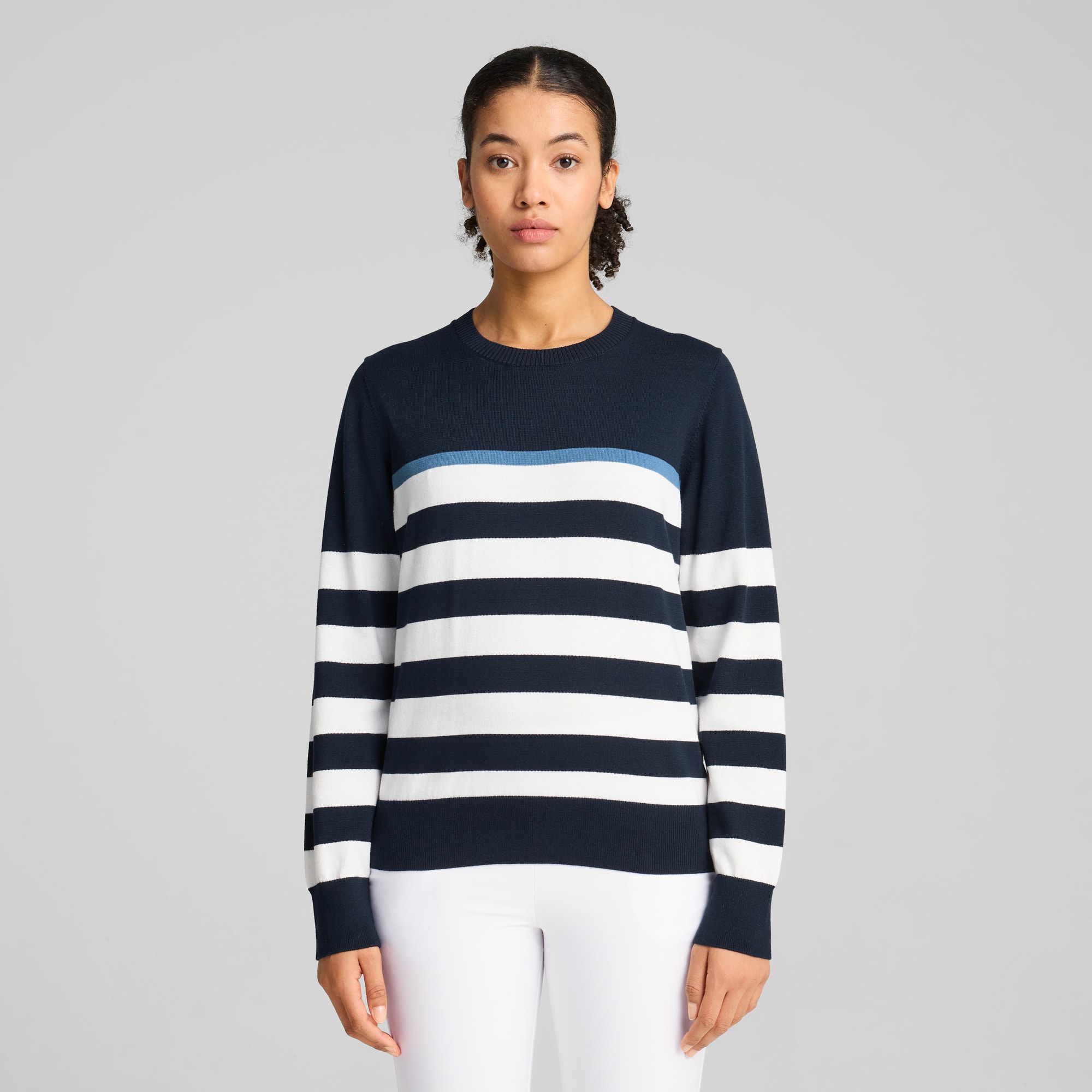 Resort Stripe Sweater Women, Deep Navy-White Glow, large