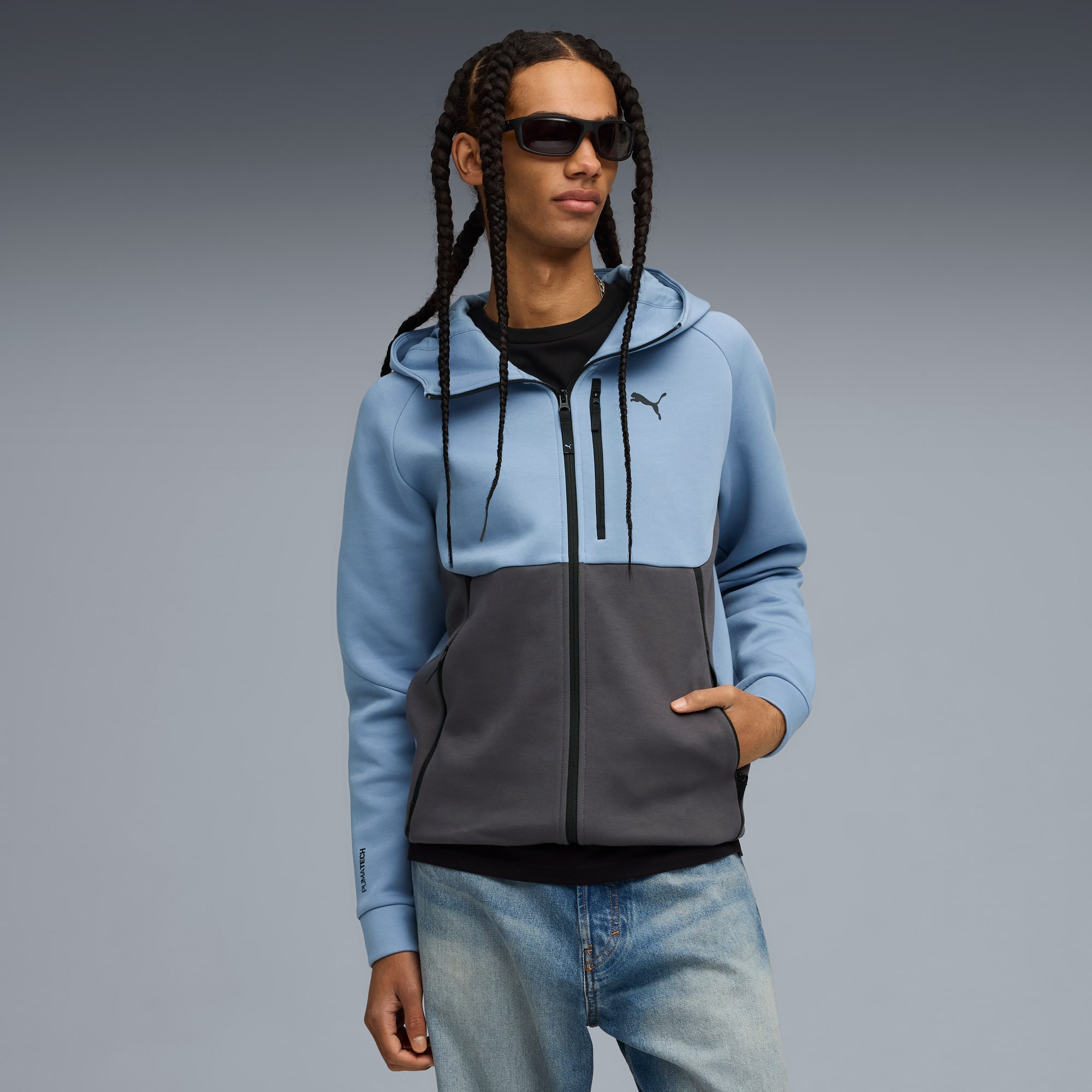 Felpa con zip integrale e cappuccio PUMATECH da uomo, Cool Blue-Dusky Gray, large