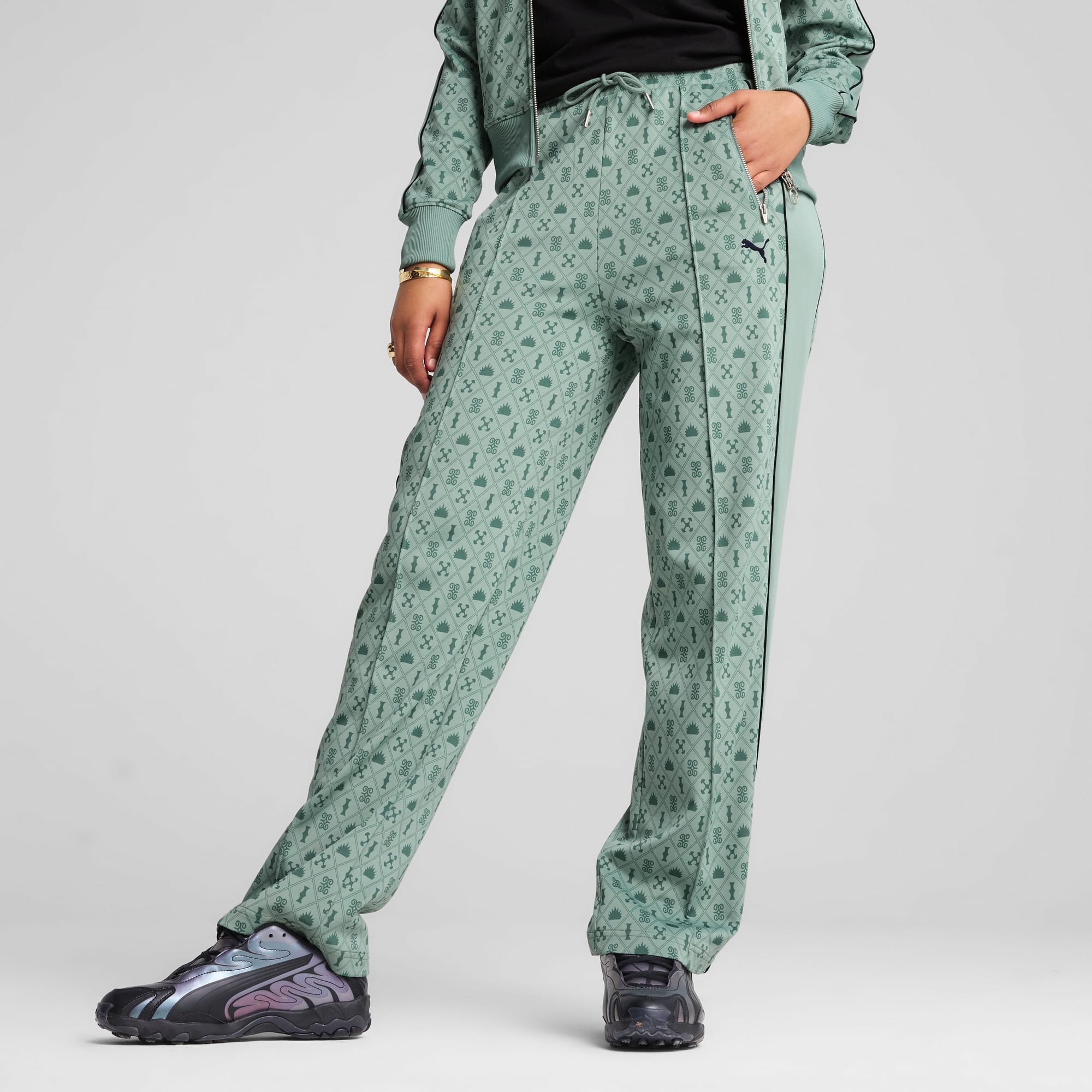 Road To Unity Printed Straight T7 Track Pants Women, Green Moon-AOP, large