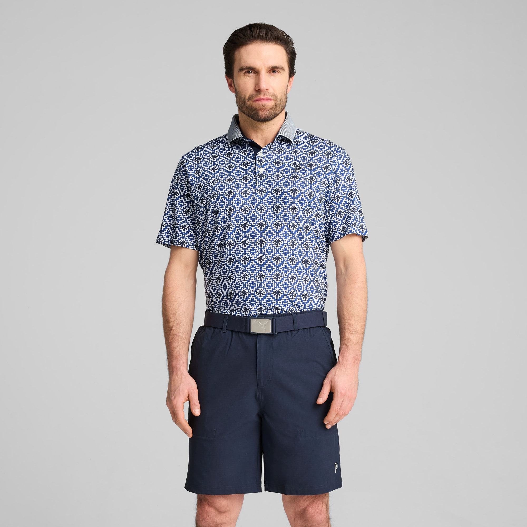 PUMA x PALM TREE CREW Tile golfpolo voor heren, White Glow-Deep Navy, large