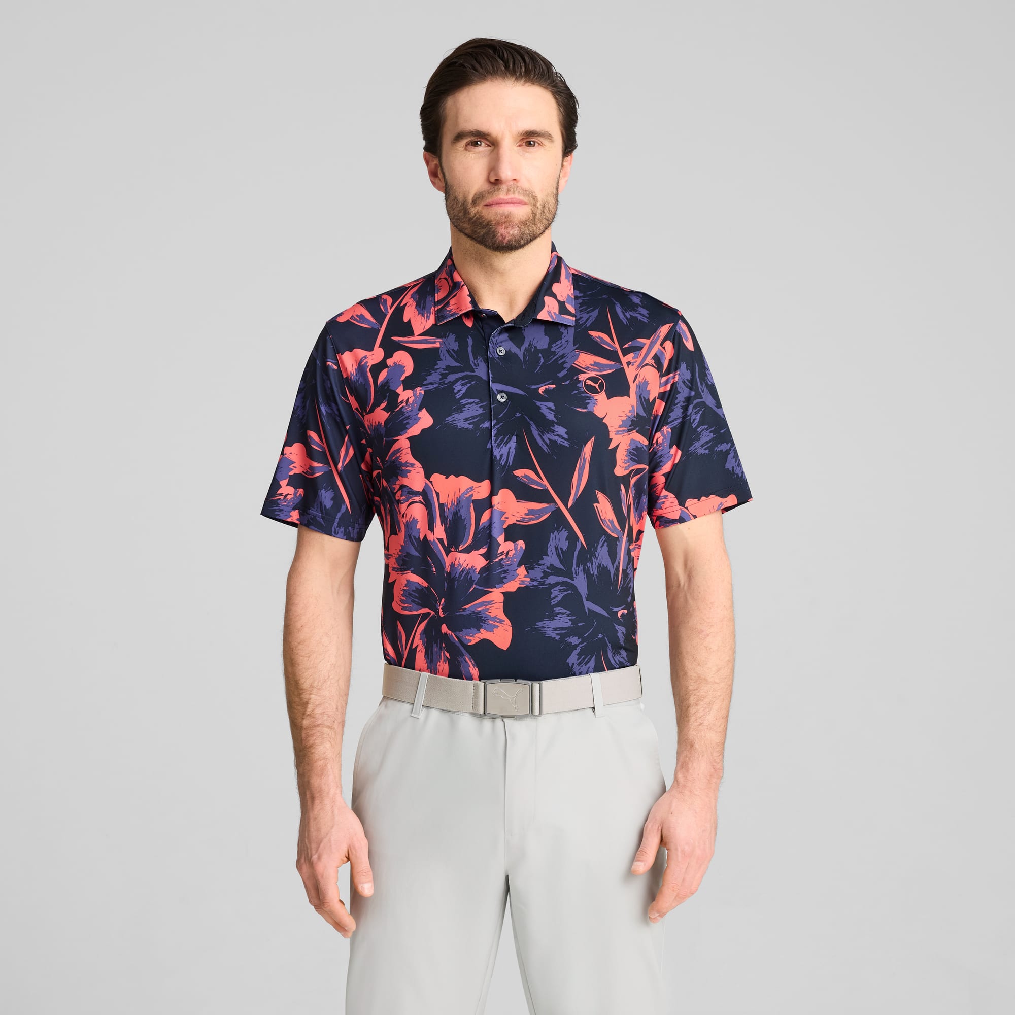 Puma MATTR Broken Flower Polo Shirt - Deep Navy/Peach Frost