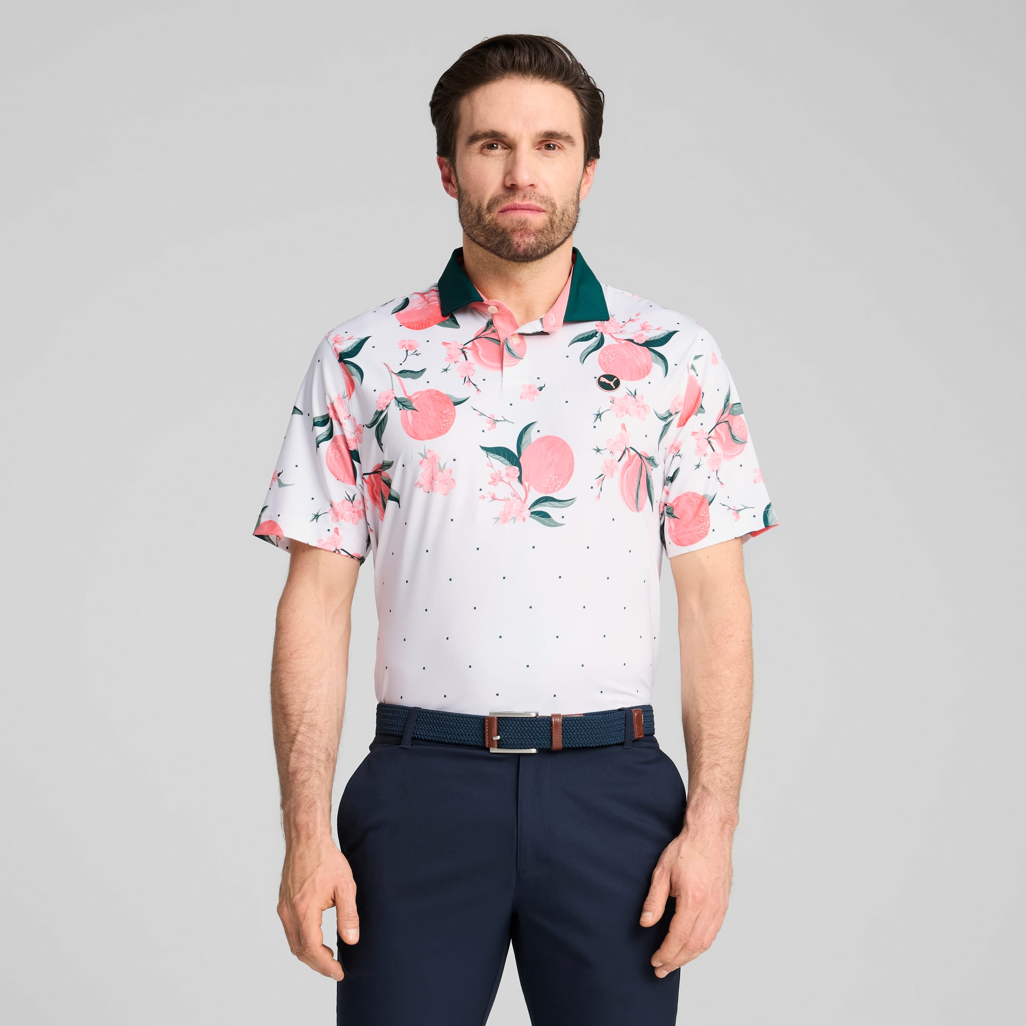 MATTR Freshly Picked Golf Polo Men, White Glow-Pink Fruit, large