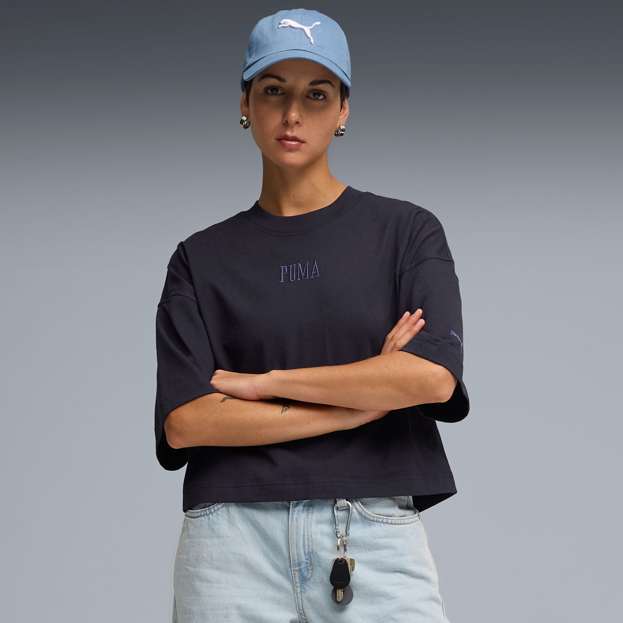 Premium Essentials oversized T-shirt met afbeelding voor dames, New Navy, large