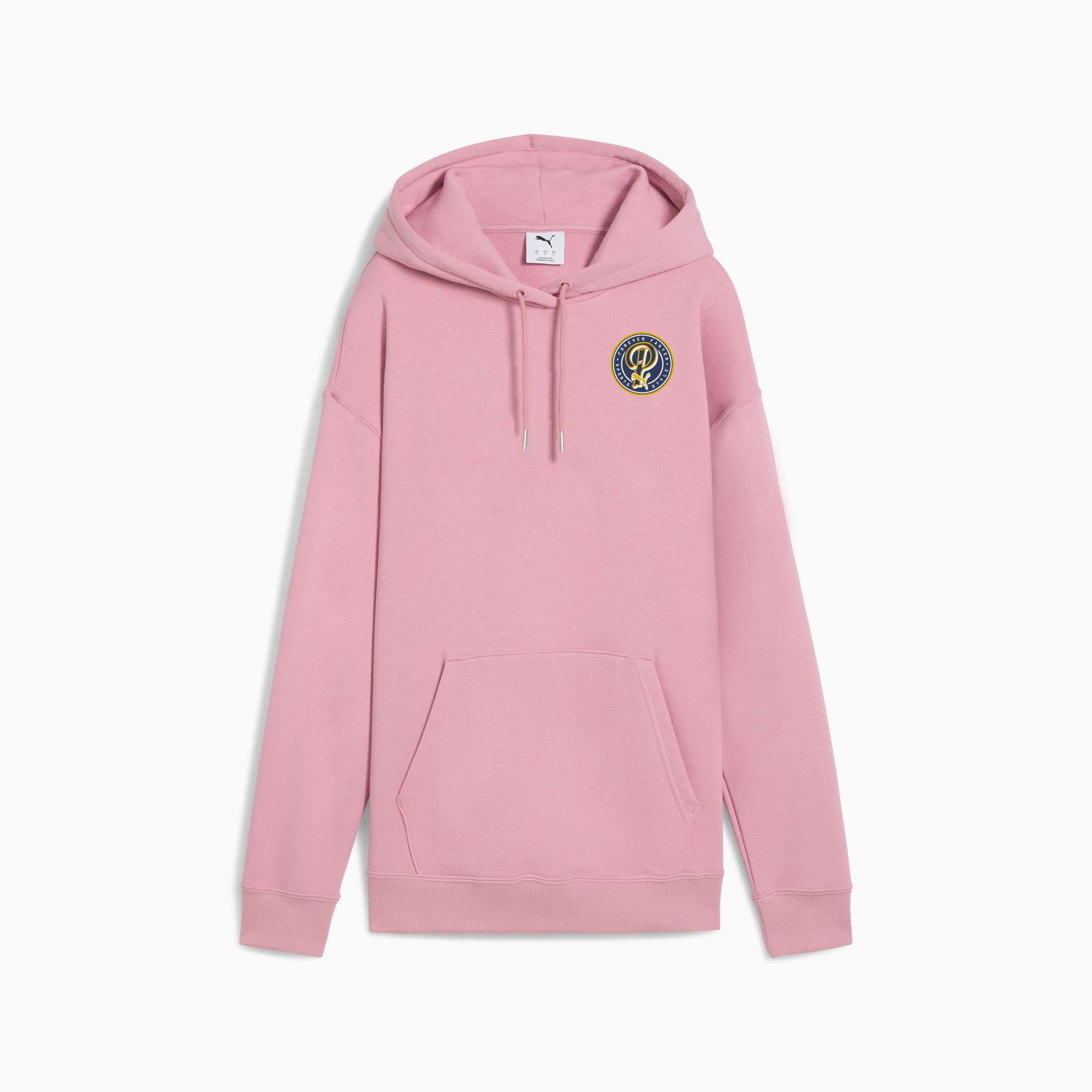 Pink PUMA hoodie, adult size, featuring a front pocket and circular logo on the chest.