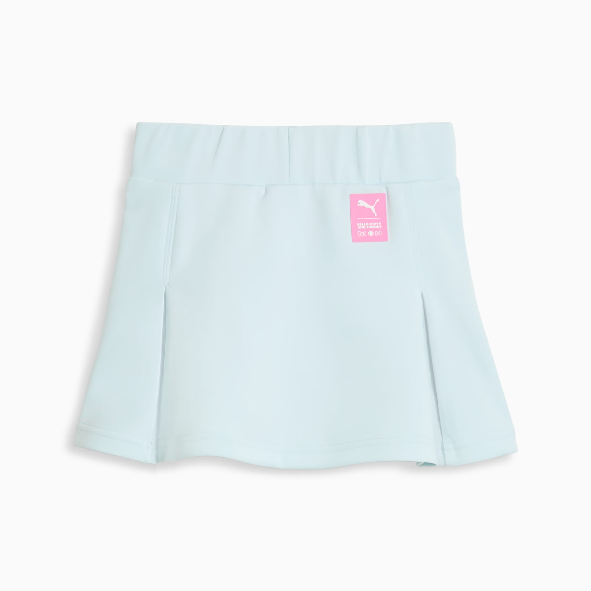 Gonna PUMA azzurra da bambina, con design plissettato ed etichetta logo rosa.