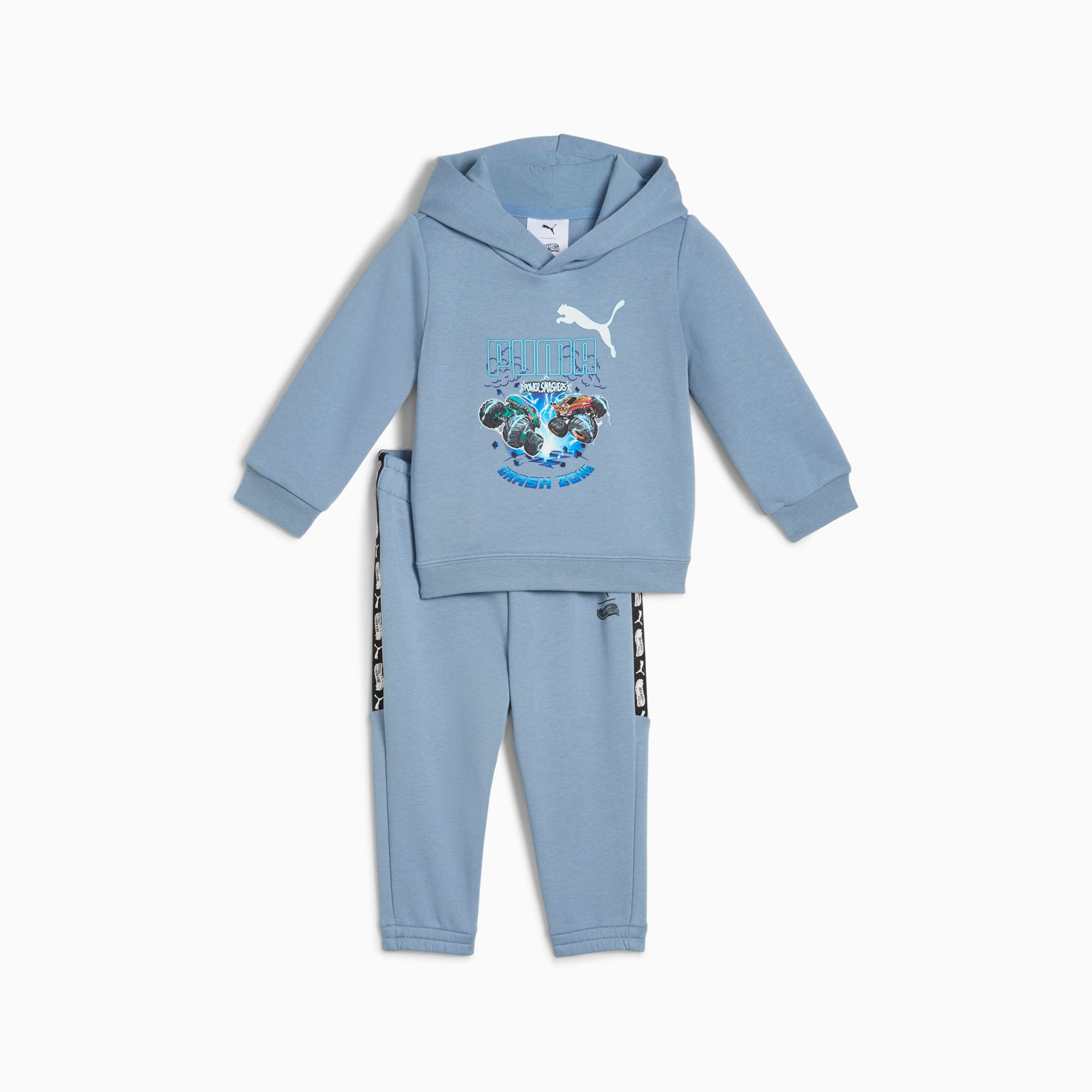 Blauer PUMA Trainingsanzug für Kinder mit Grafikdruck-Hoodie und passender Hose.