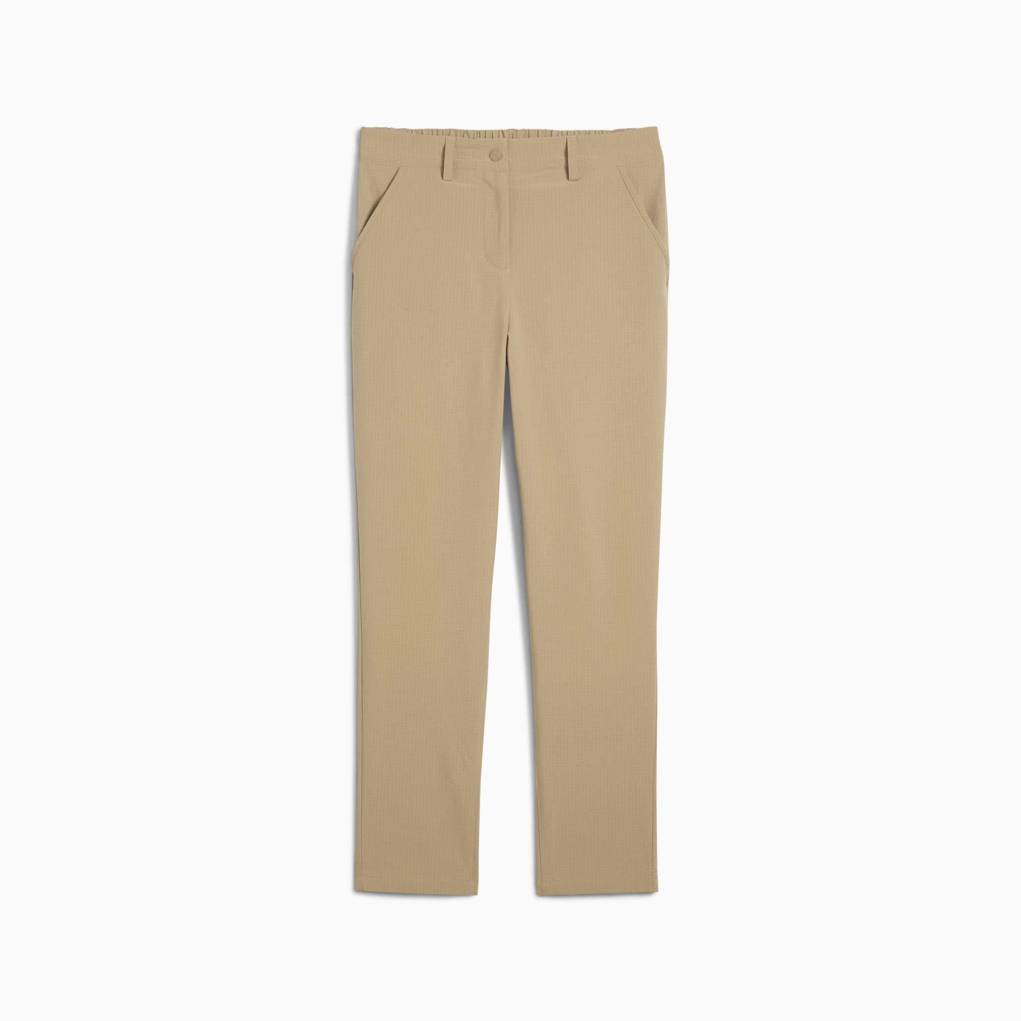 Beżowe spodnie damskie PUMA z subtelnym wzorem w kratkę i bocznymi kieszeniami.