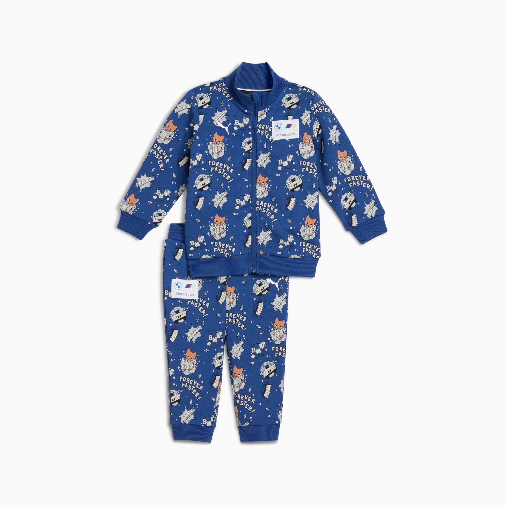 Ensemble de survêtement PUMA bleu pour enfants avec motif voiture et animaux.