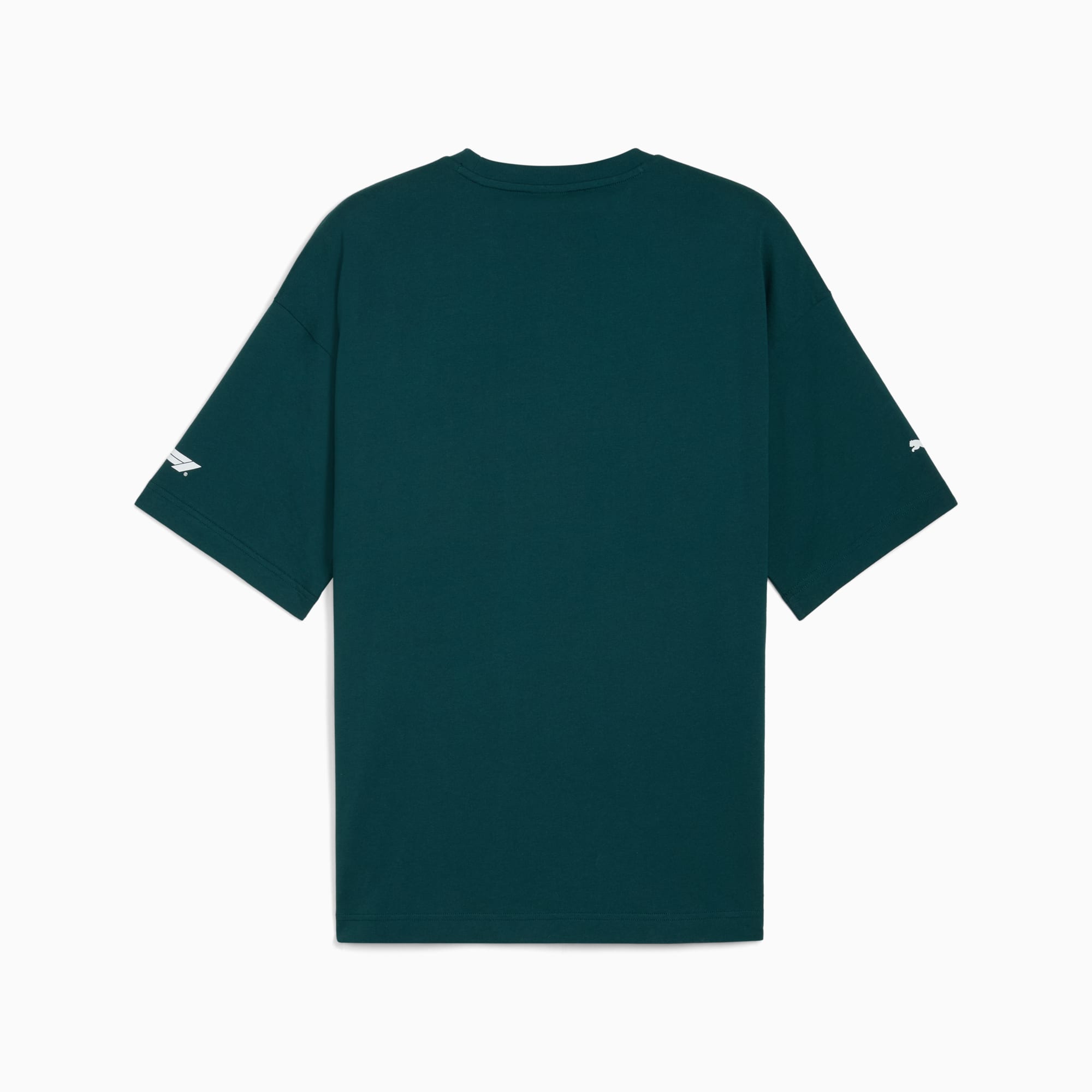 Groen PUMA heren T-shirt met korte mouwen en logo op de mouwen.