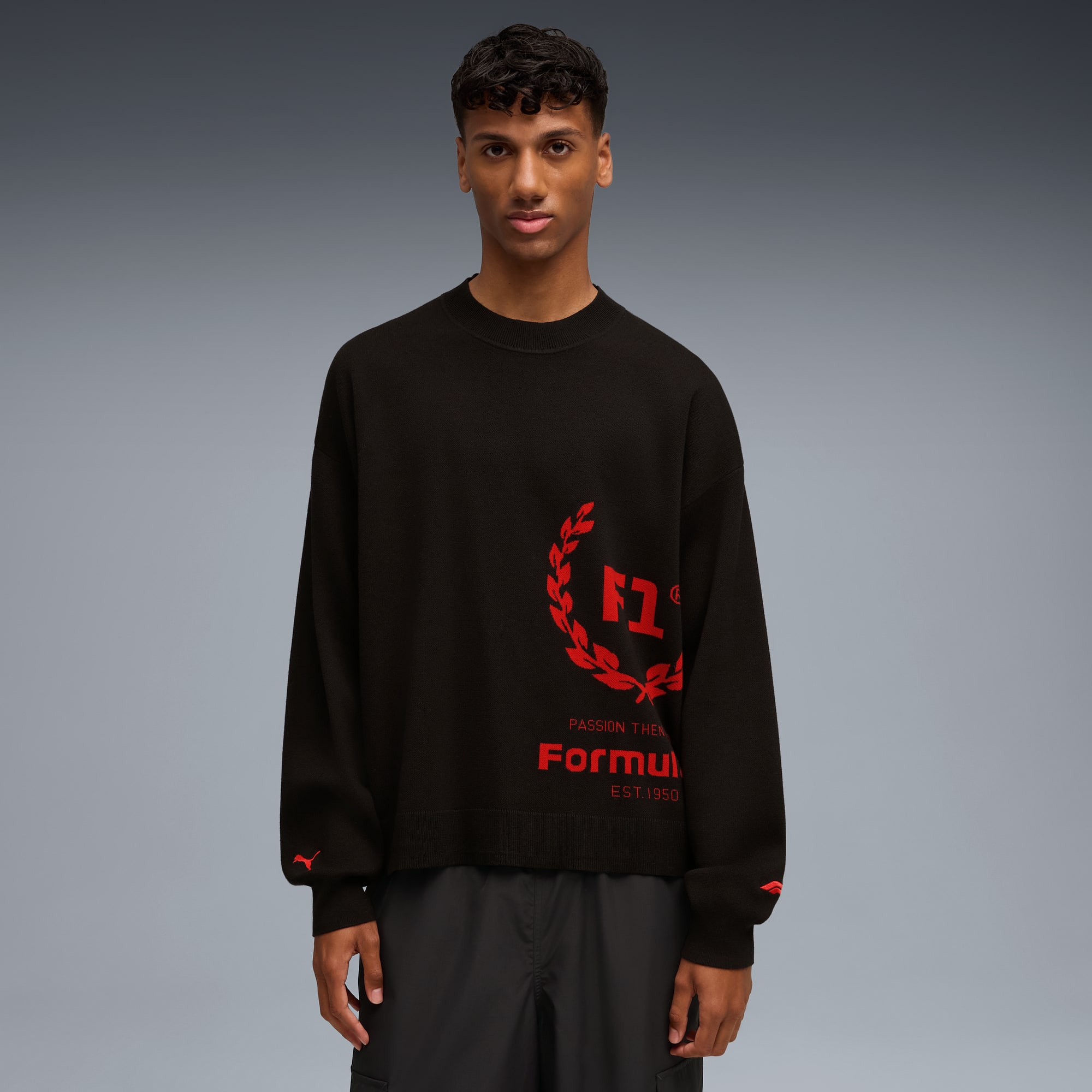 Vor einem grauen Hintergrund trägt ein Model einen schwarzen Pullover mit rotem Formel-1-Branding.