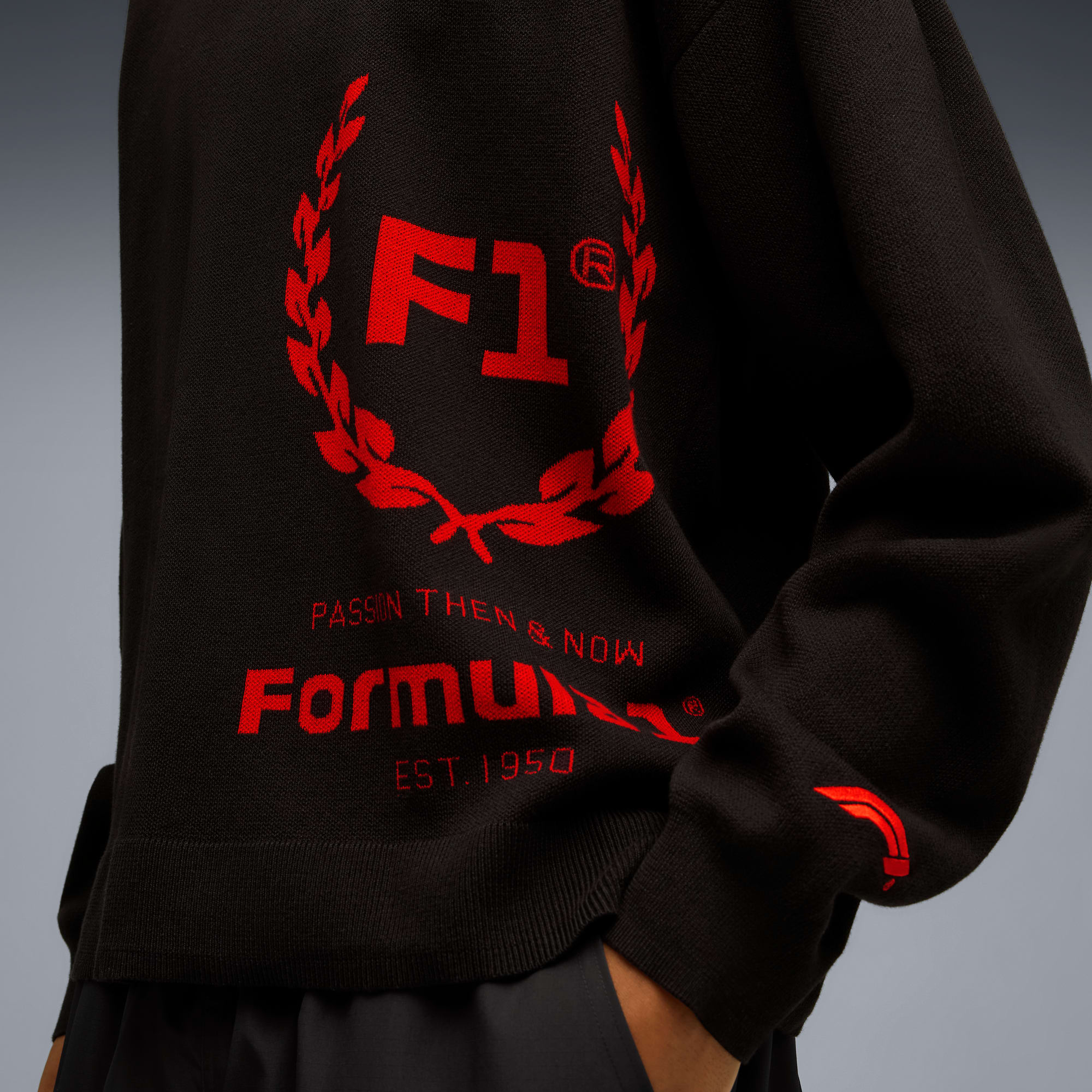 Nahaufnahme eines schwarzen Strickpullovers mit rotem F1-Branding vor grauem Hintergrund.