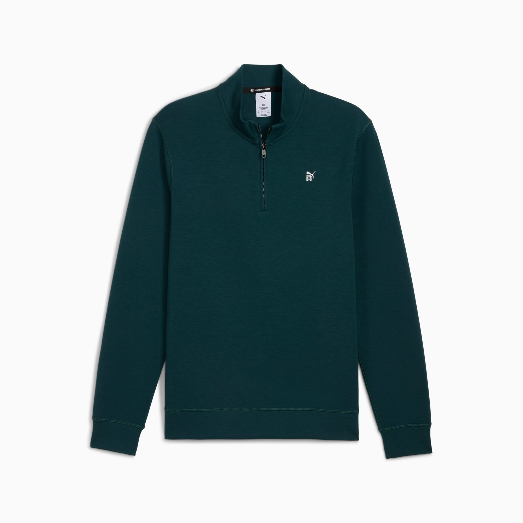 Sweat-shirt vert PUMA pour homme avec un zip court et logo.