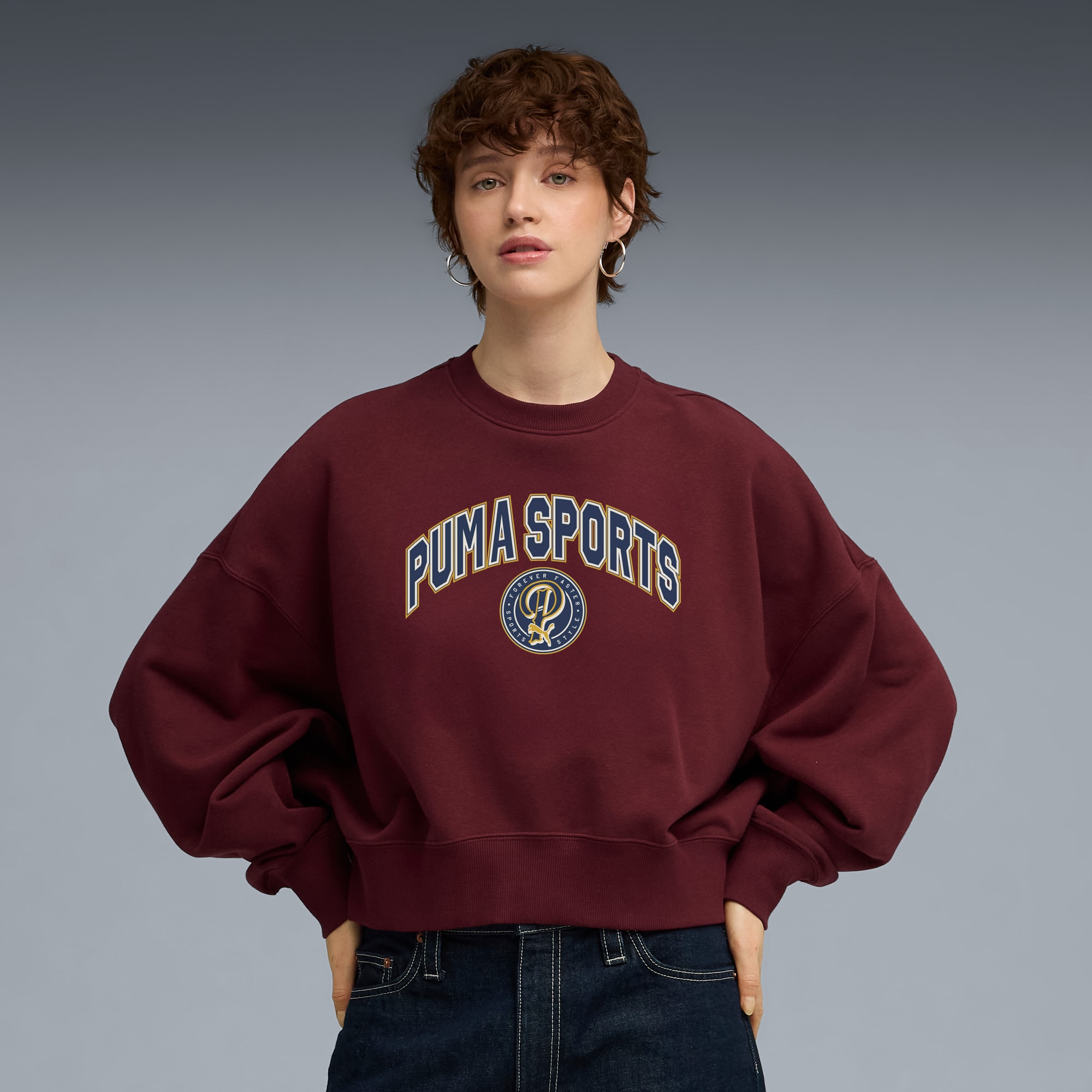 Wardrobe Essentials Sports Legacy Oversized Graphic Crew Sweatshirt Women, Ruby Shimmer, large
