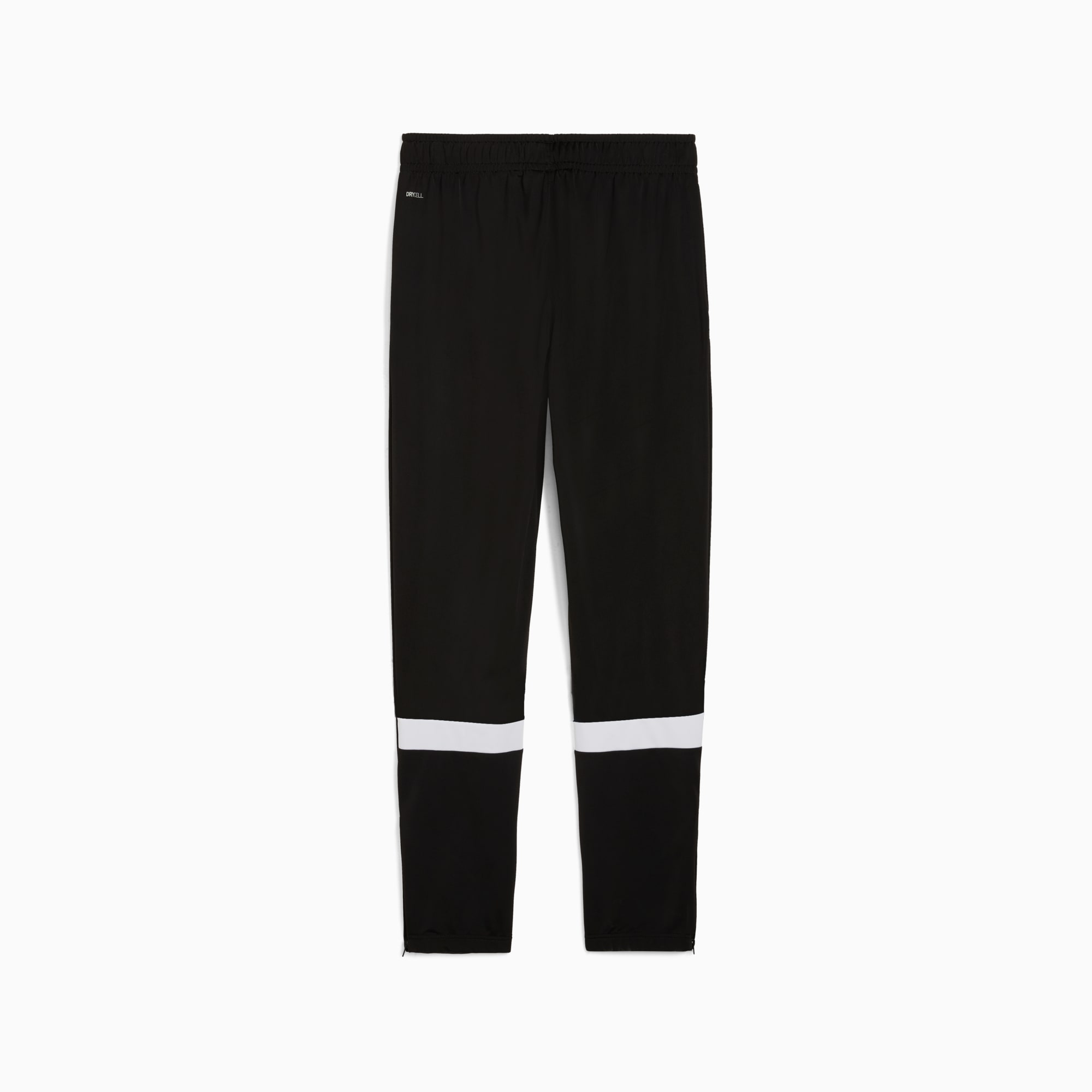 Pantalon de survêtement noir PUMA pour adultes avec bandes blanches aux chevilles.