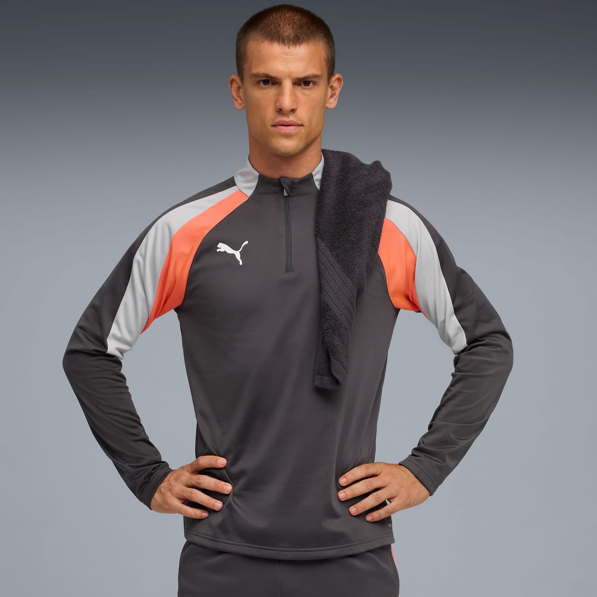 individualLIGA Top mit viertellangem Reißverschluss Herren, Shadow Gray-PUMA White-Glowing Red, large