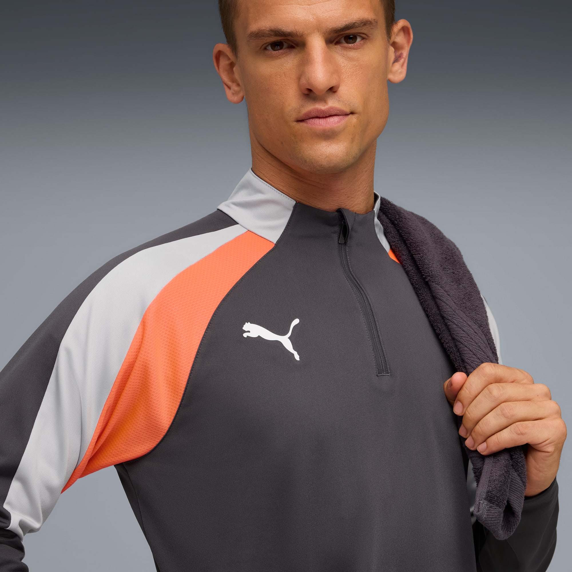 individualLIGA Top mit viertellangem Reißverschluss Herren, Shadow Gray-PUMA White-Glowing Red, large