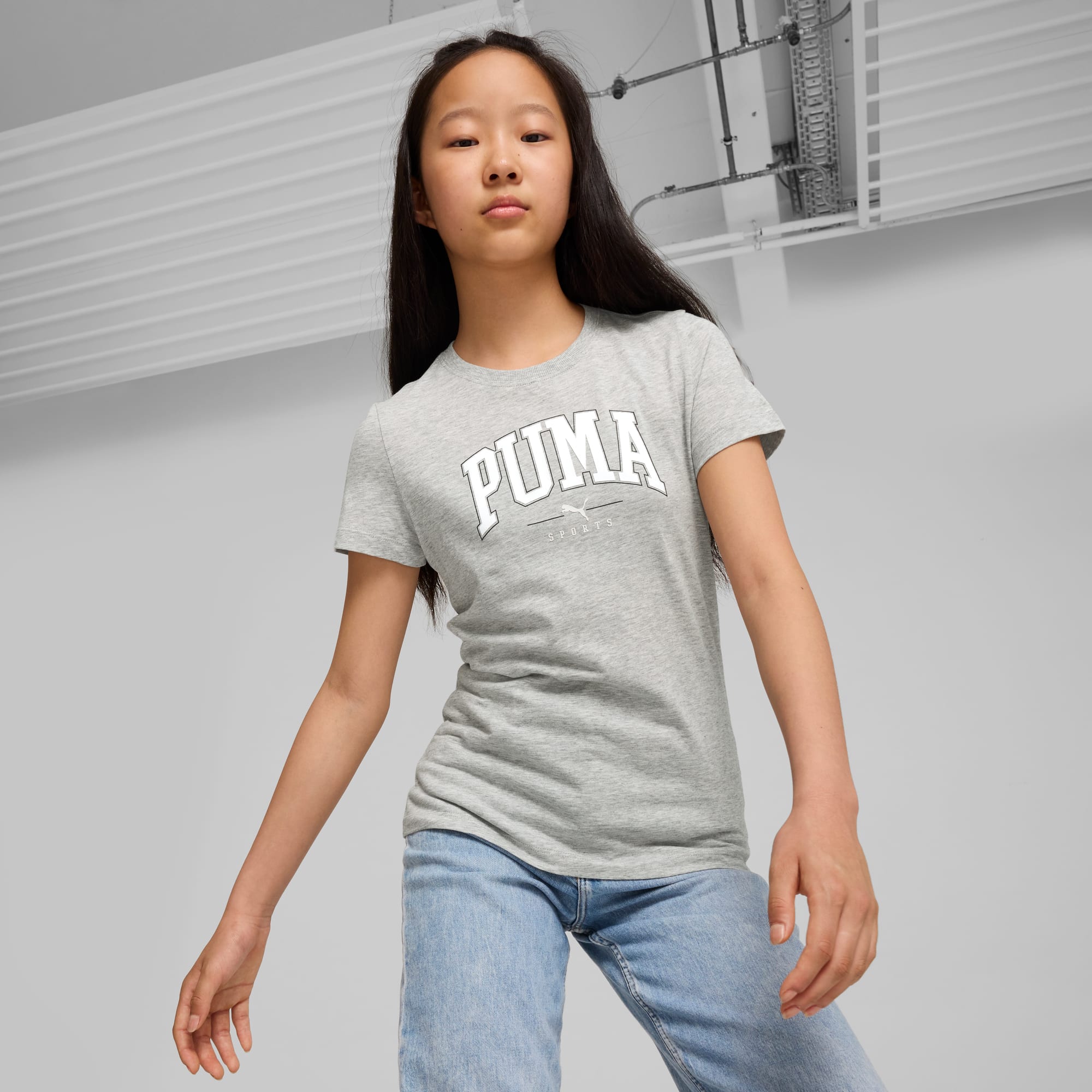 PUMA SQUAD T Shirt Youth Girls Light Gray Heather Size S Kids