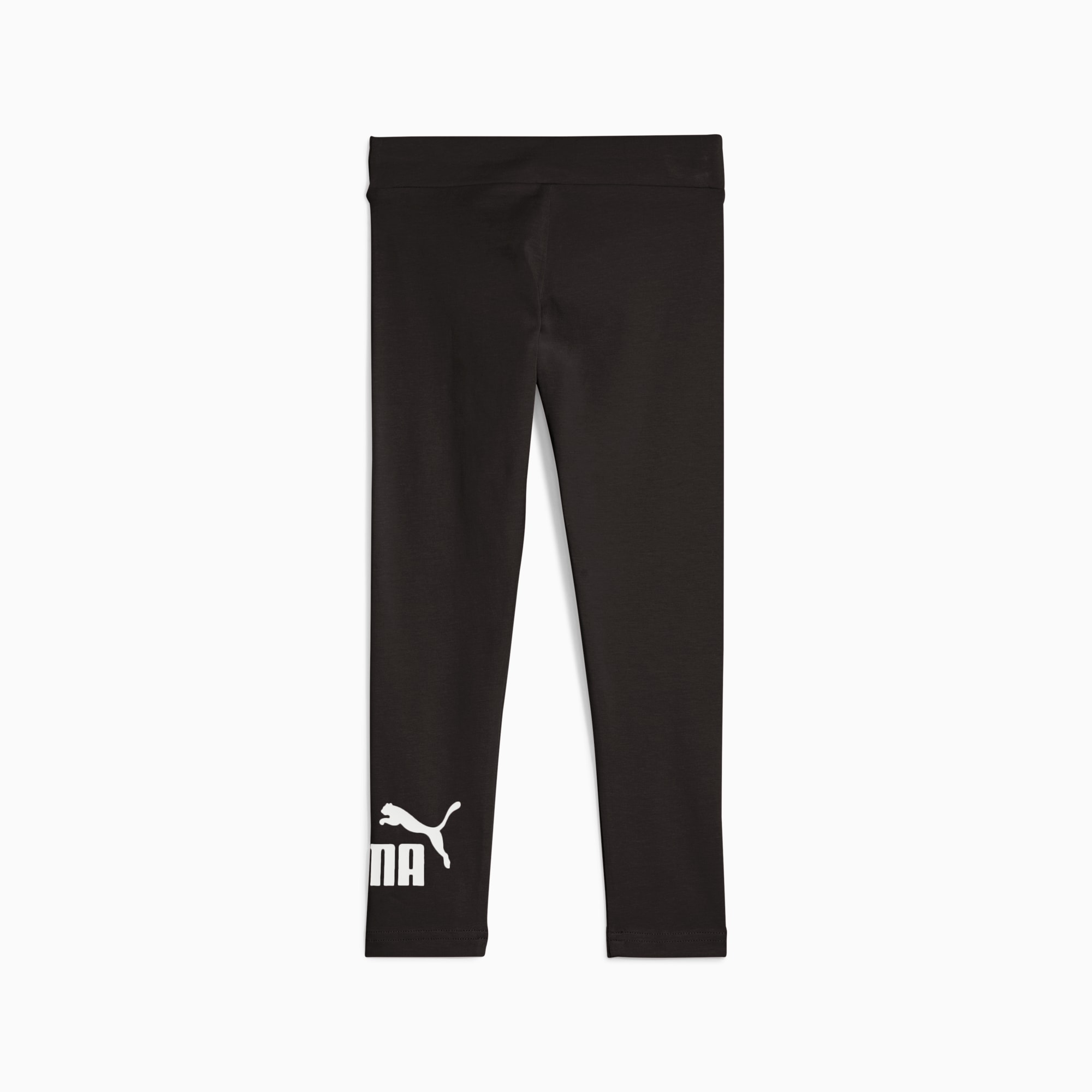 Schwarze PUMA Leggings für Mädchen mit weißem Logo am linken Unterschenkel.