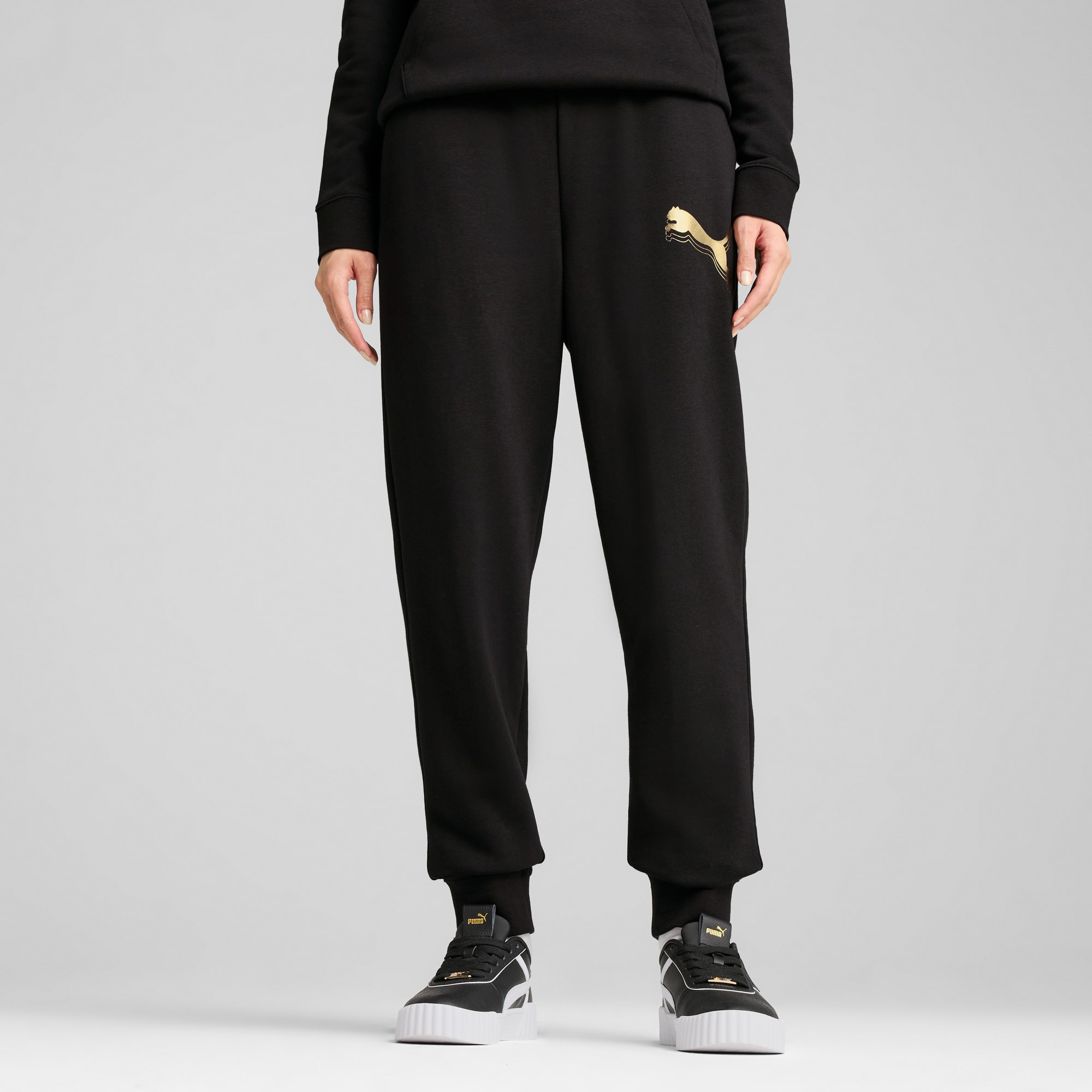 ESS METALLIC Sweatpants Women, PUMA Black-Metallic Gold, large