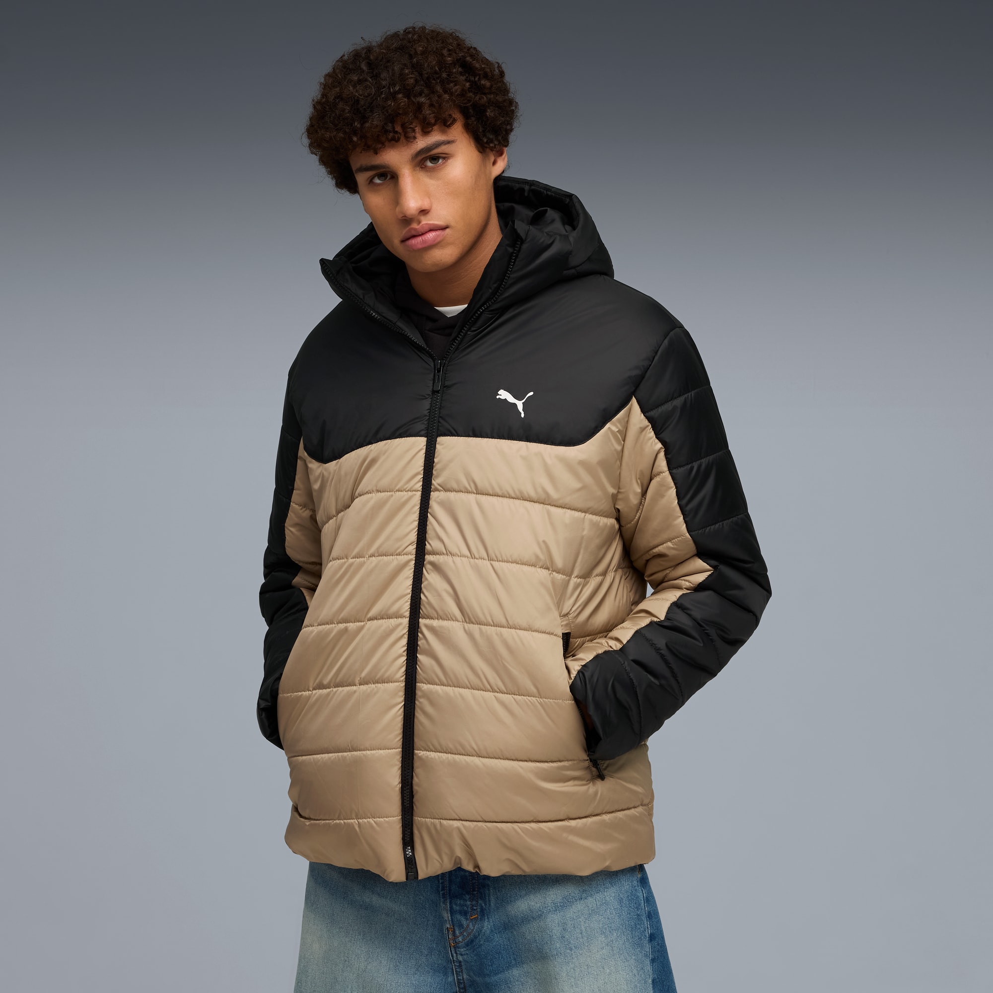 Essentials gewatteerd jack met capuchon voor heren, Ice Coffee, large