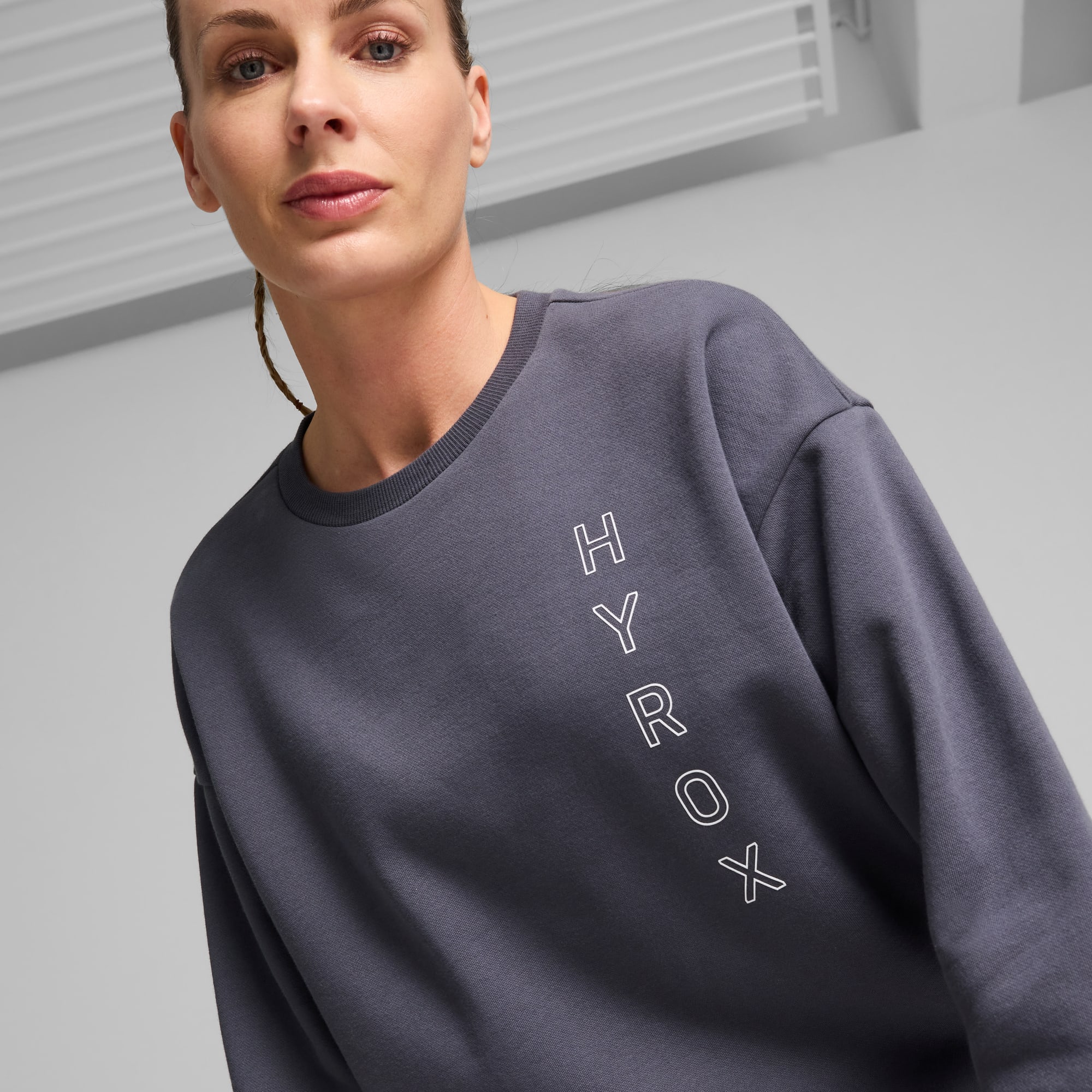 PUMA x HYROX Graphic Fleece Crew Women, Galactic Gray, large