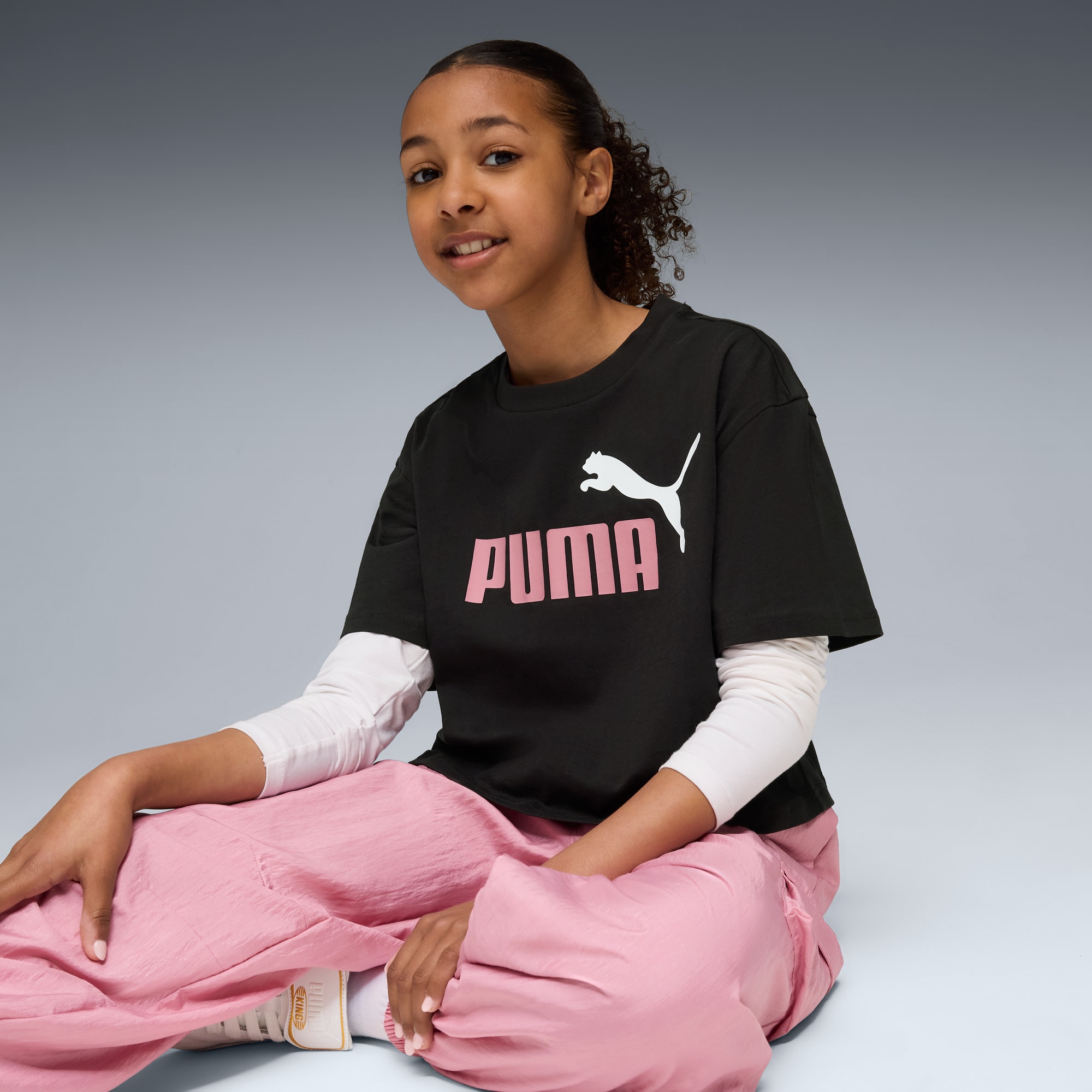 T-shirt court à logo N° 1 bicolore Essentials Enfant et Adolescent, PUMA Black-Poised Pink, large