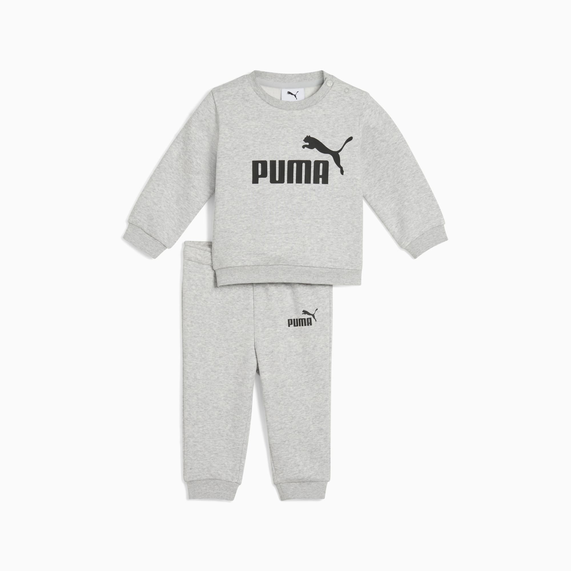 Survêtement PUMA gris pour bébés, avec le logo de la marque sur le haut et le bas.