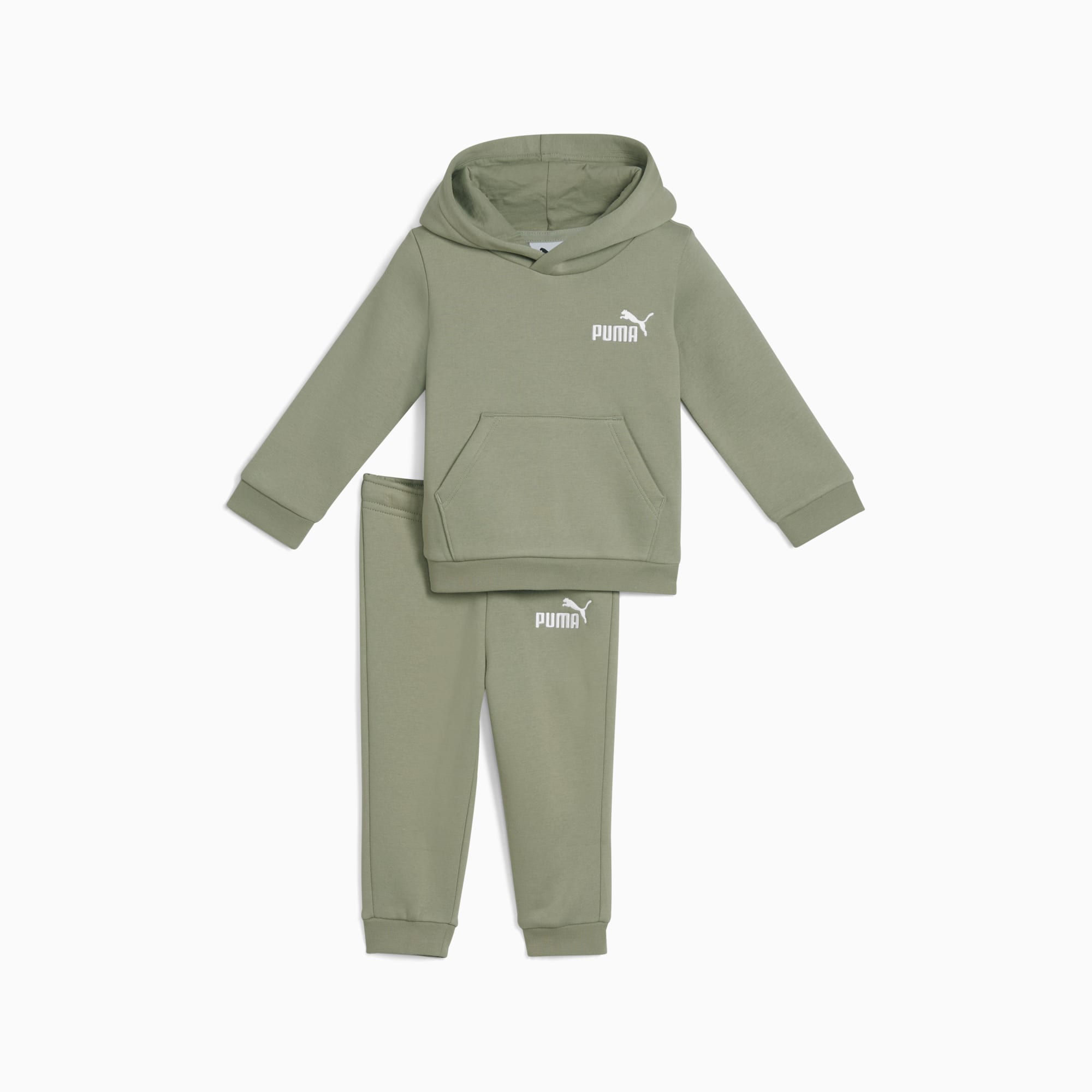 Tuta verde PUMA per bambini, con felpa con cappuccio e pantaloni abbinati con logo.