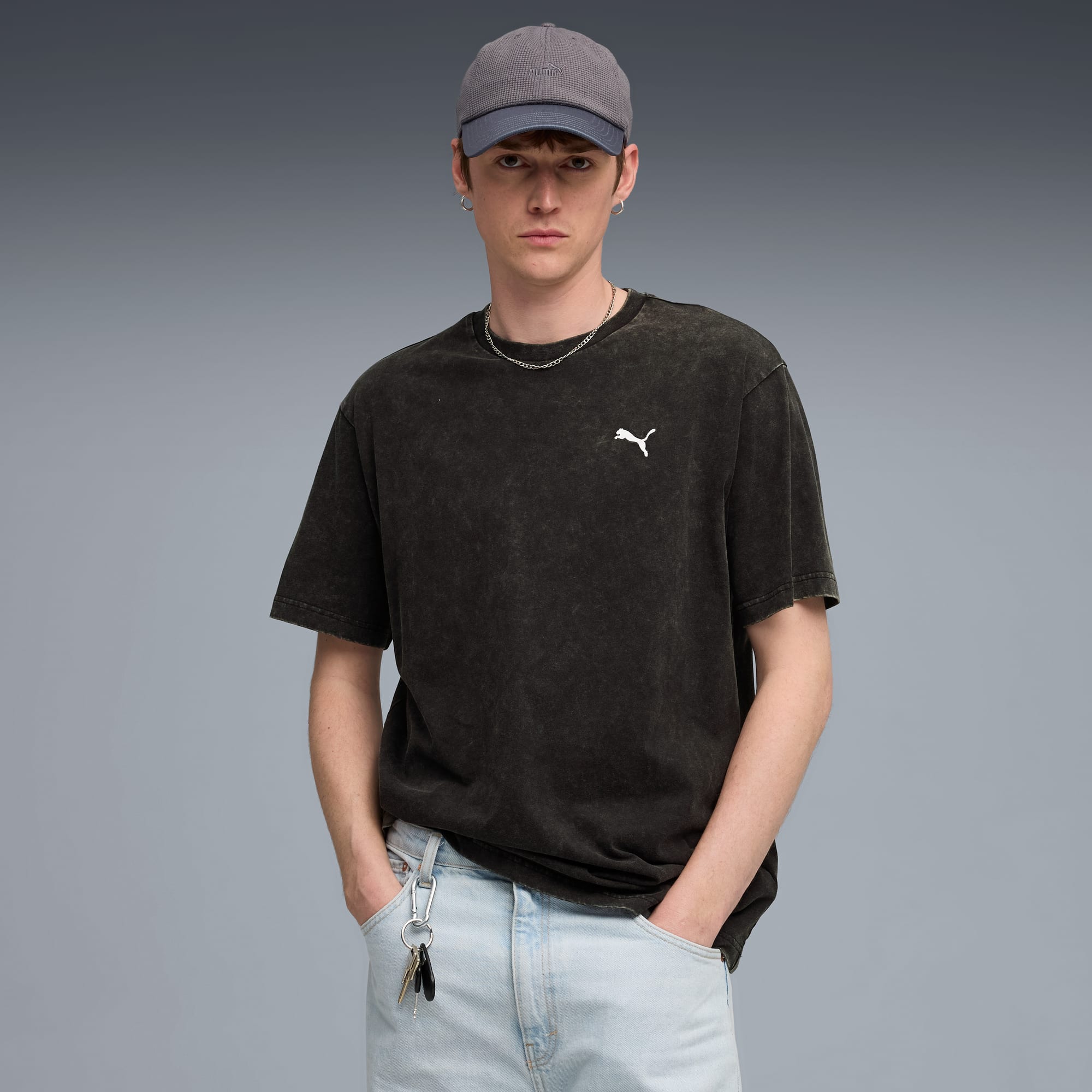 Essentials Elevated Relaxed Wash T-Shirt Herren, PUMA Black, large