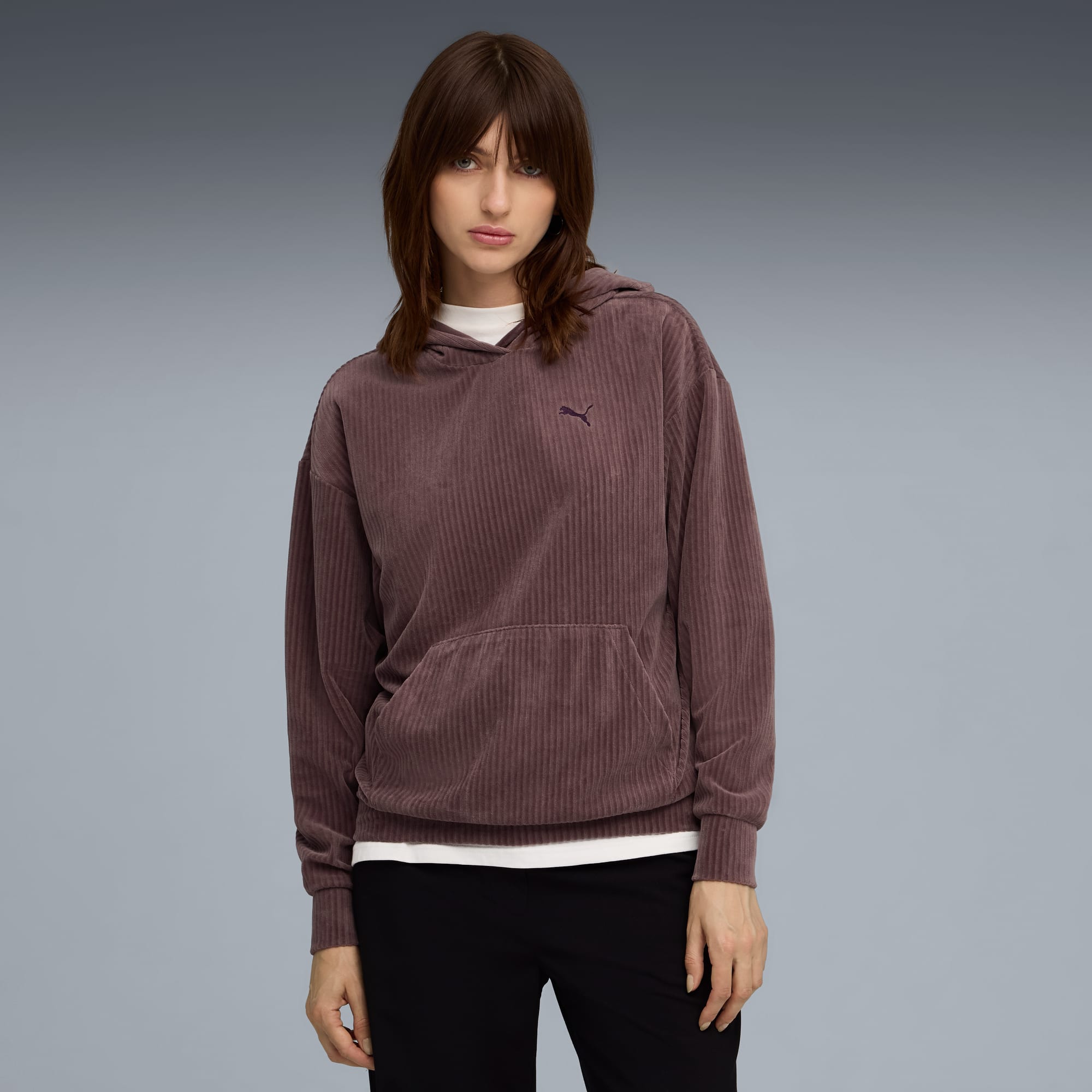 Felpa con cappuccio a coste Essentials Elevated da donna, Raisin, large