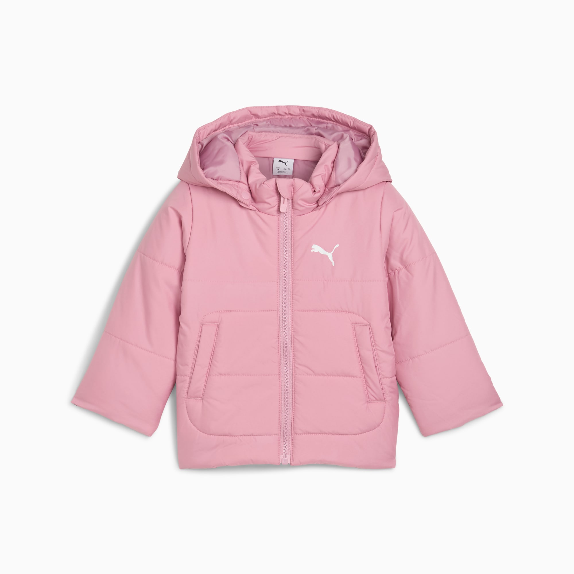 Rosa PUMA Steppjacke für Kinder mit Kapuze und Reißverschluss vorne.