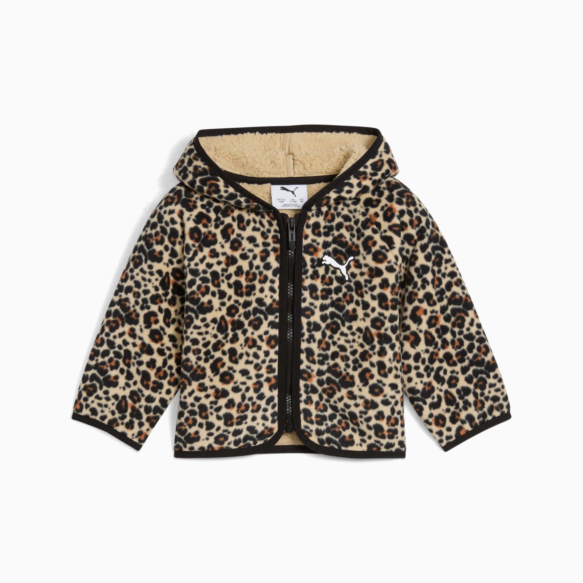 Giacca con cappuccio PUMA leopardata per bambini, con zip e logo.