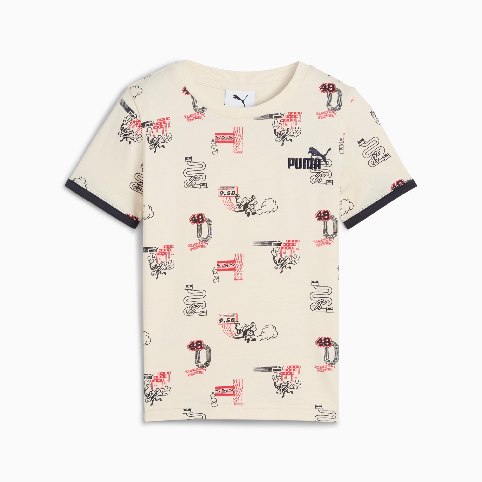 Beige PUMA T-shirt voor kinderen, met een all-over printontwerp.