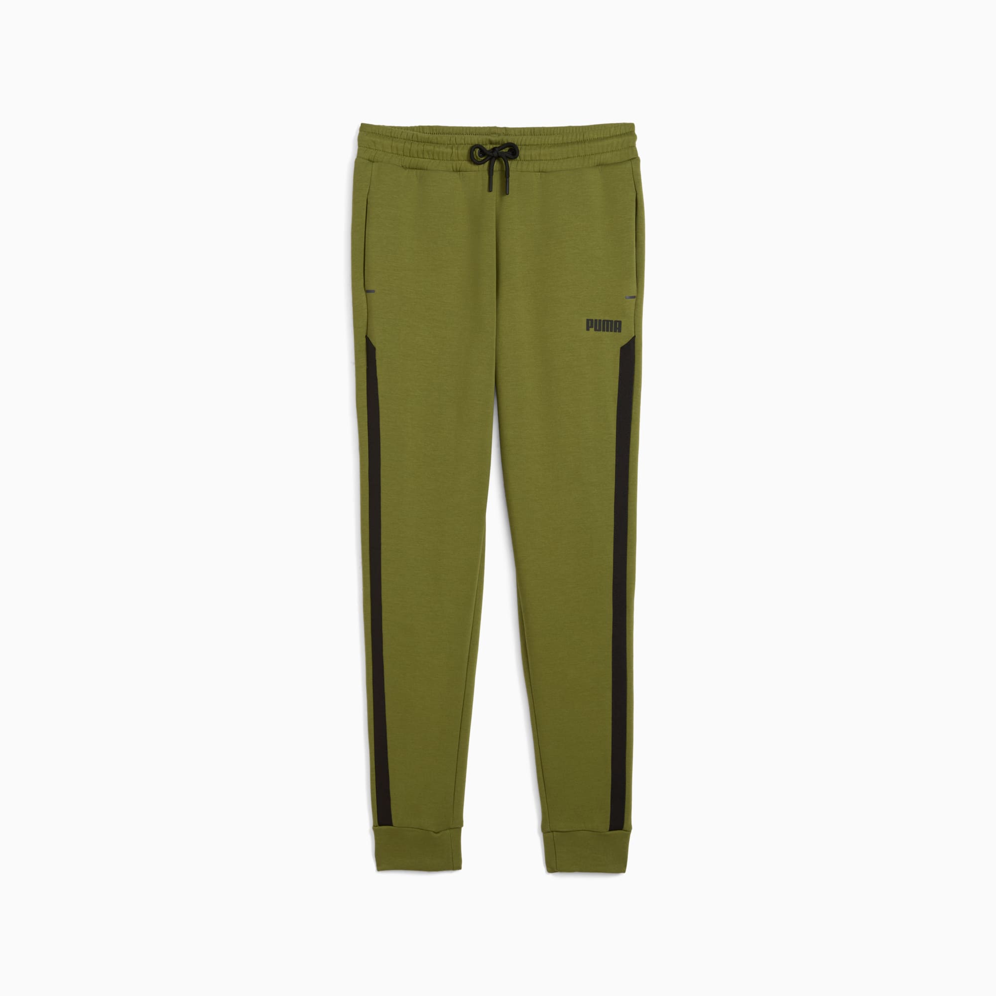 Olive PUMA tracksuit bottoms for youth, featuring a drawstring and black side stripes.