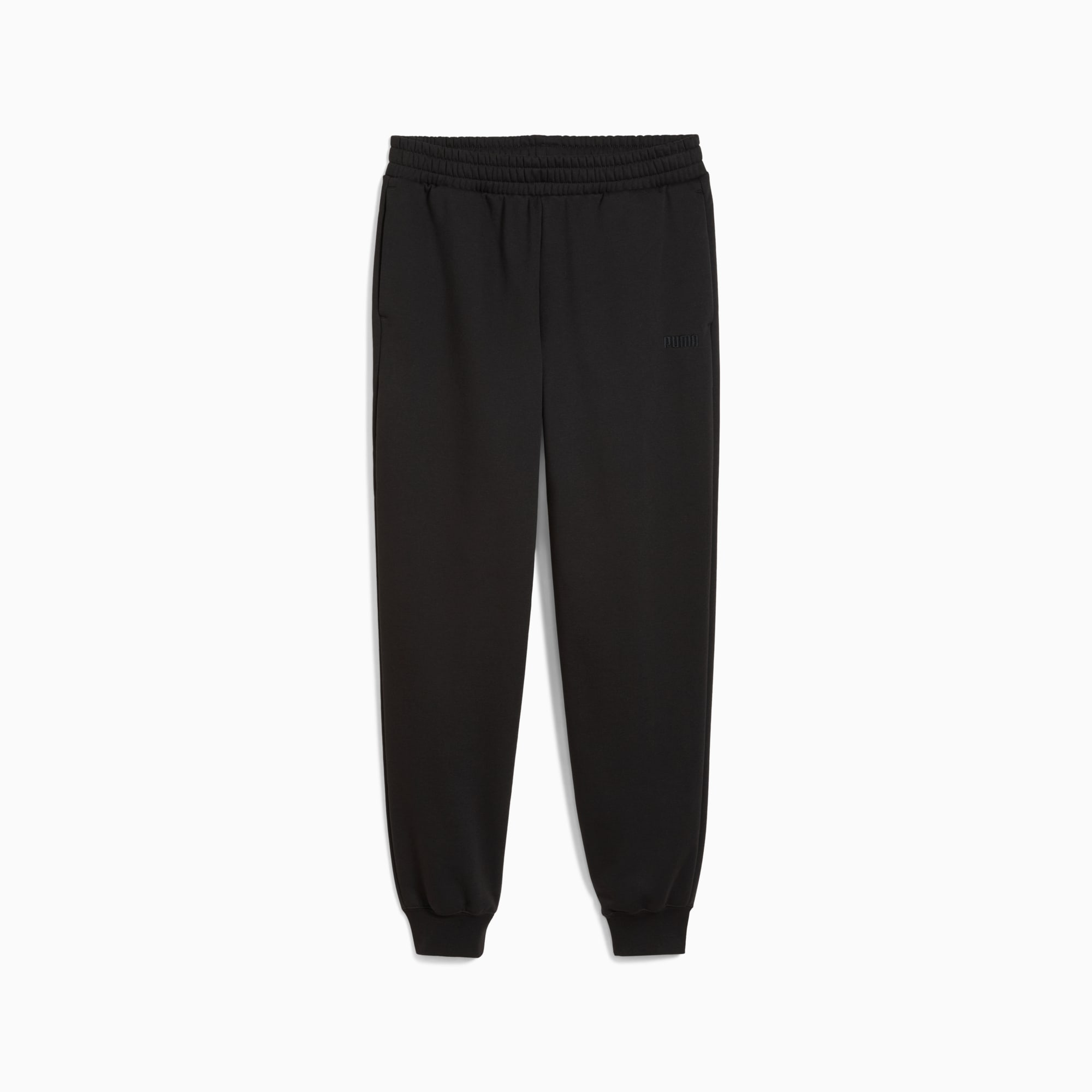 Pantalon de survêtement PUMA noir pour adultes, avec taille élastique et chevilles resserrées.