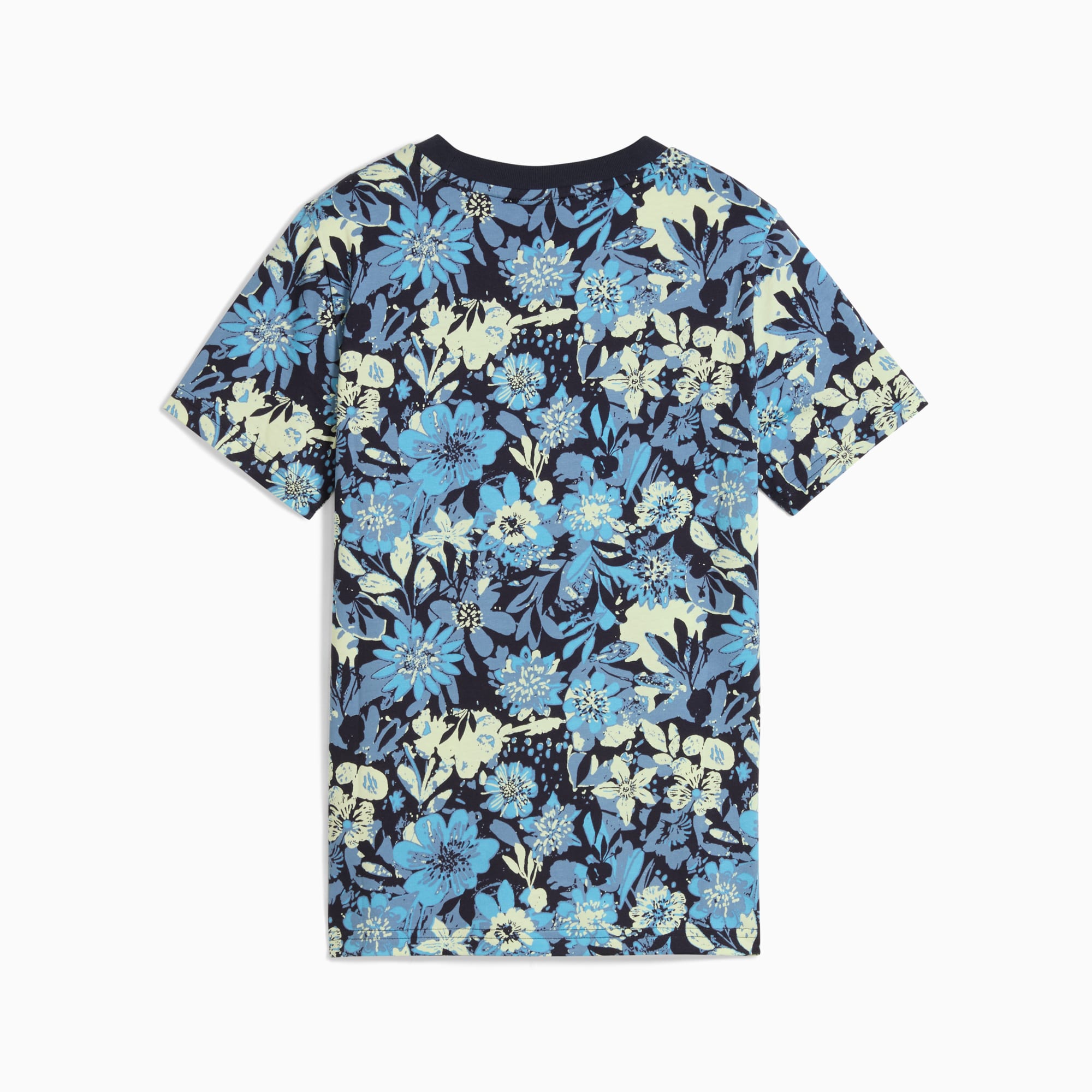Camiseta PUMA floral azul para adultos con estampado de flores verdes.