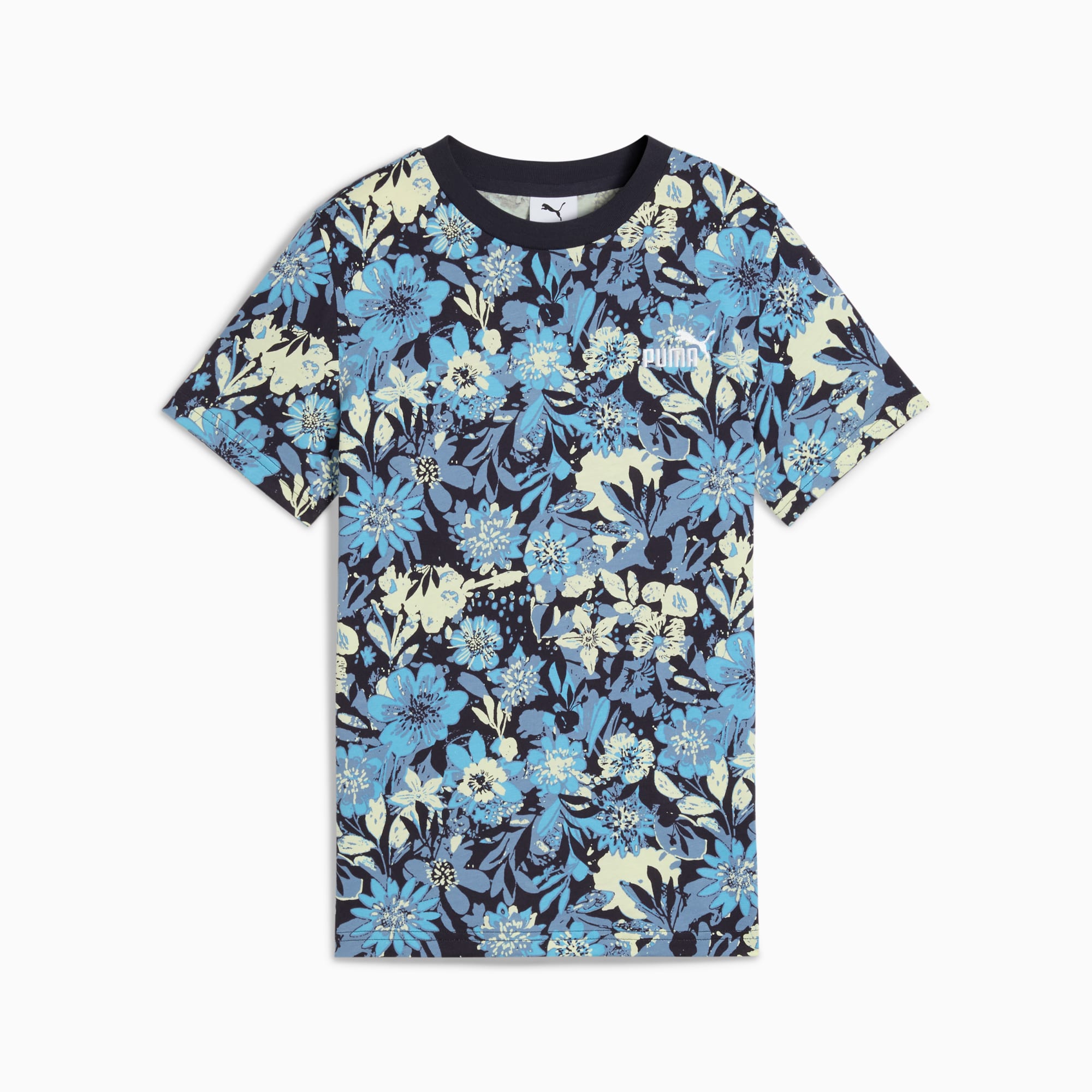 Camiseta PUMA floral para mujer con estampado de flores azules y amarillas y manga corta.