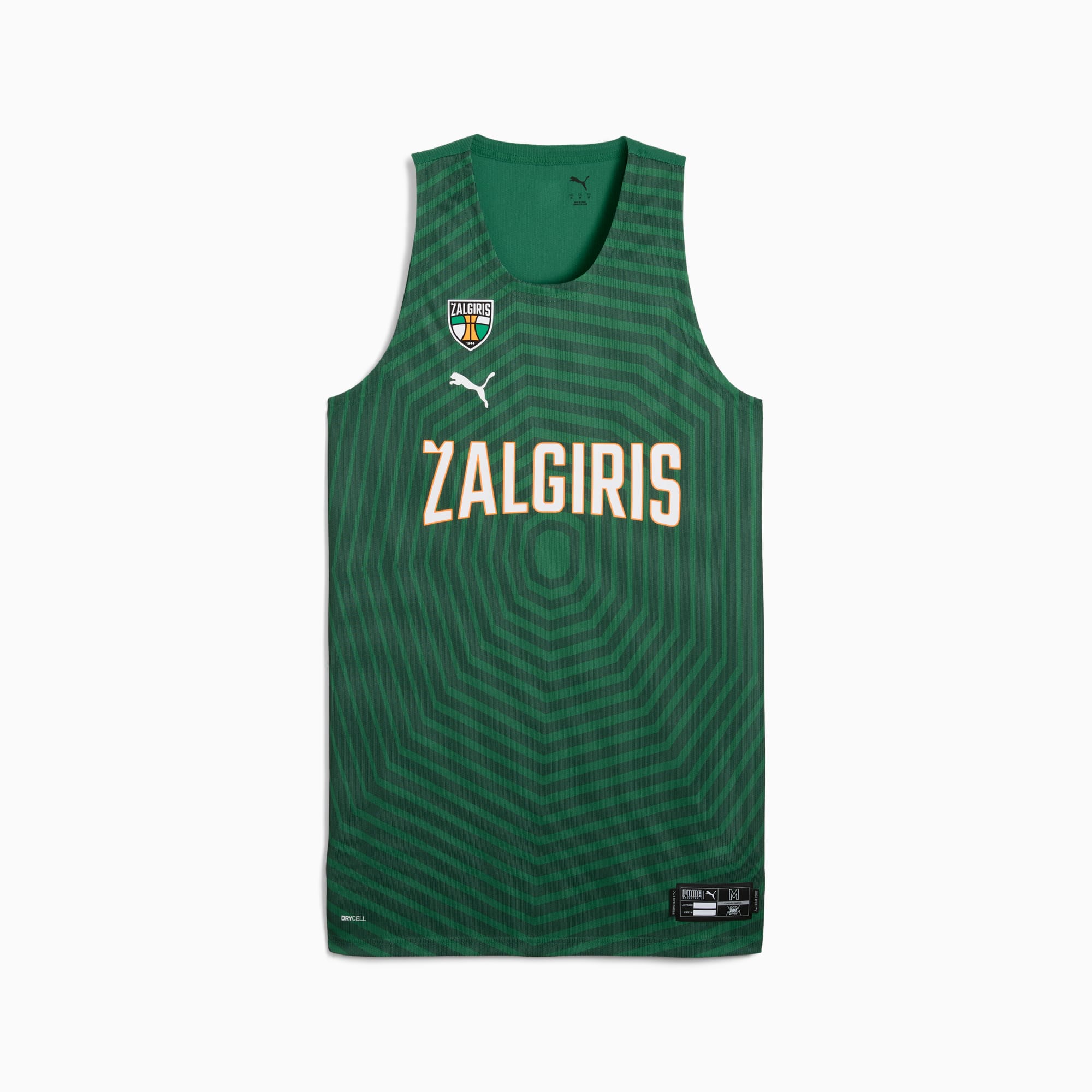 Zielona kamizelka męska PUMA z napisem 'ZALGIRIS' i geometrycznym wzorem.