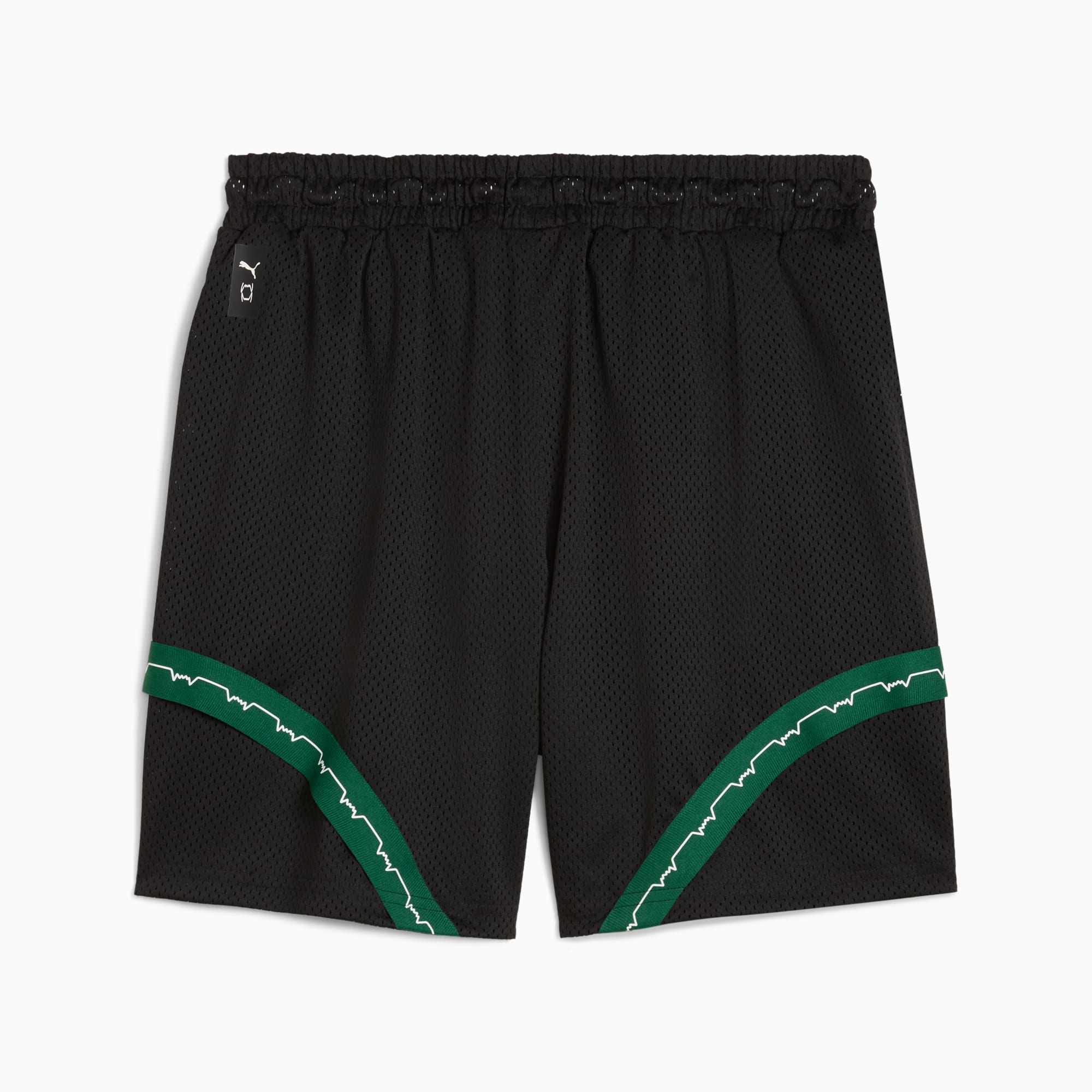 Short PUMA noir pour homme avec motif de battement de coeur vert et blanc sur le côté.
