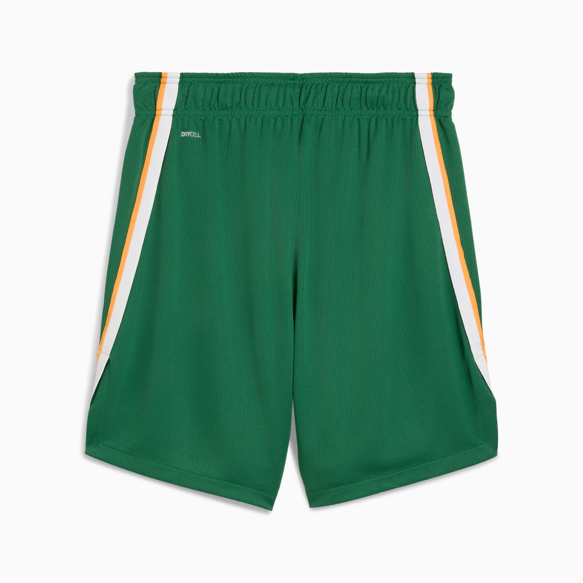 Pantalón corto PUMA verde para niños, con franjas laterales blancas y naranjas.