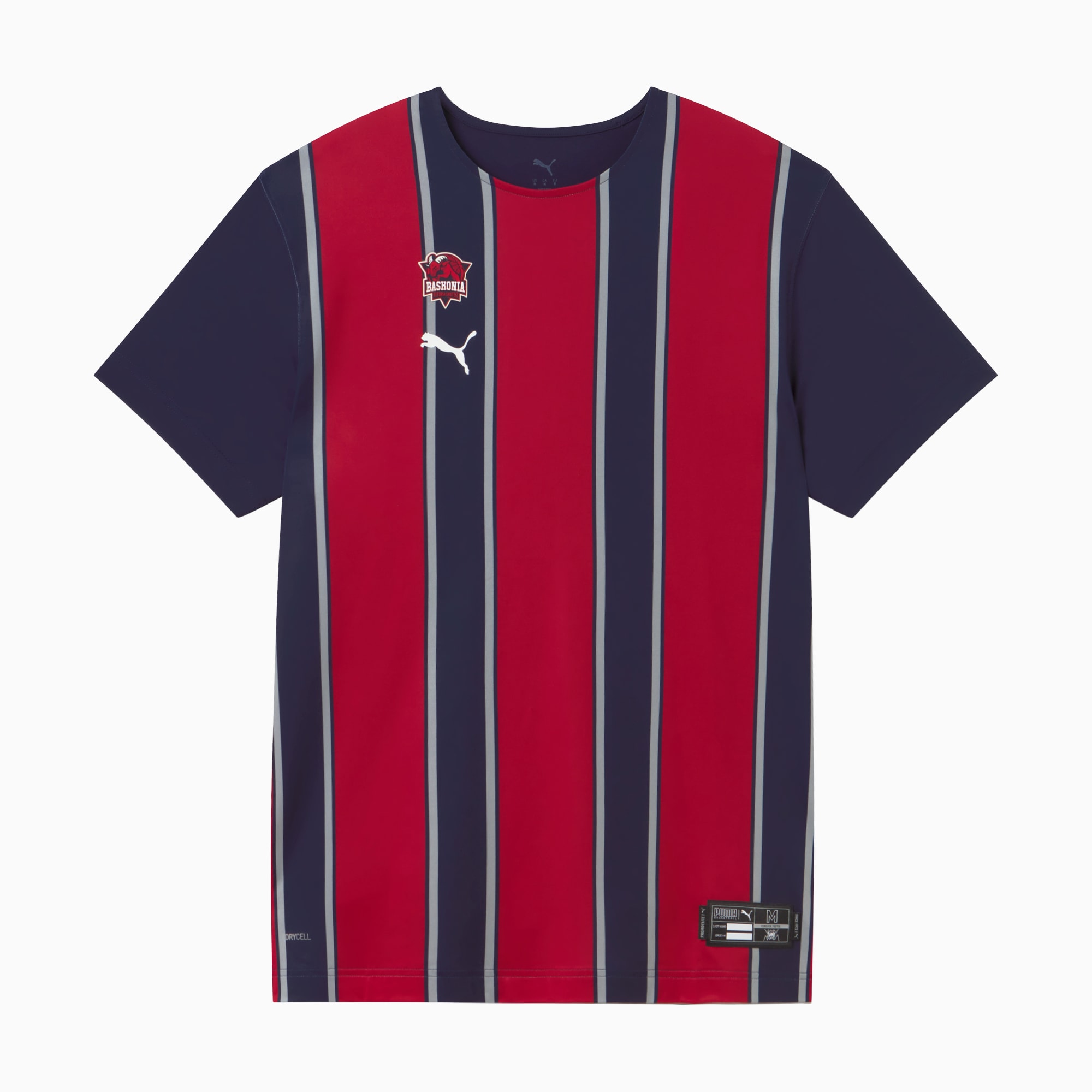 Marineblau-rot gestreiftes PUMA Herren-T-Shirt mit Logos und kurzen Ärmeln.
