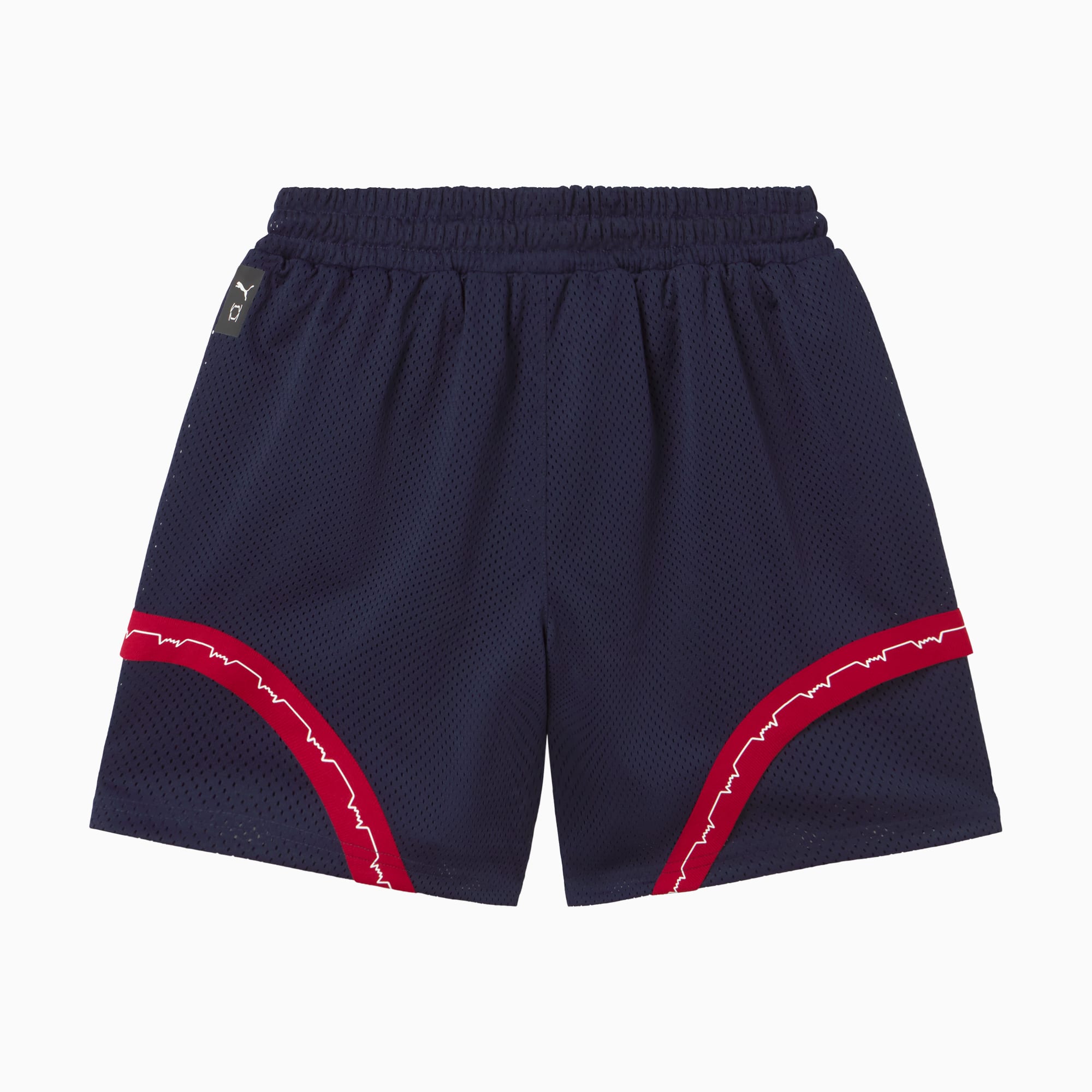 Pantalones cortos PUMA azul marino para jóvenes con detalles de adorno estampados en rojo y blanco.