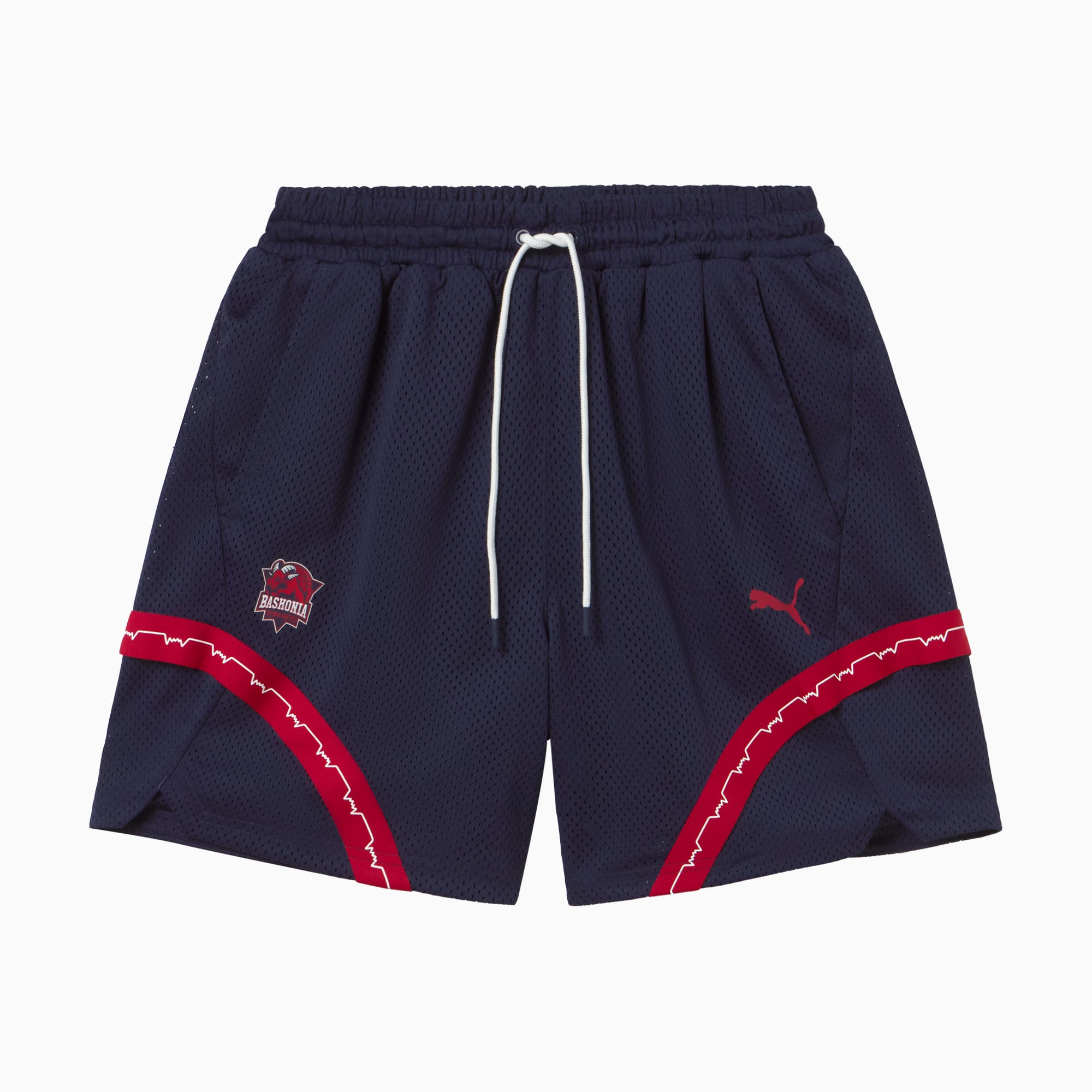Pantalón corto PUMA azul marino para hombre con detalles rojos y cordón.