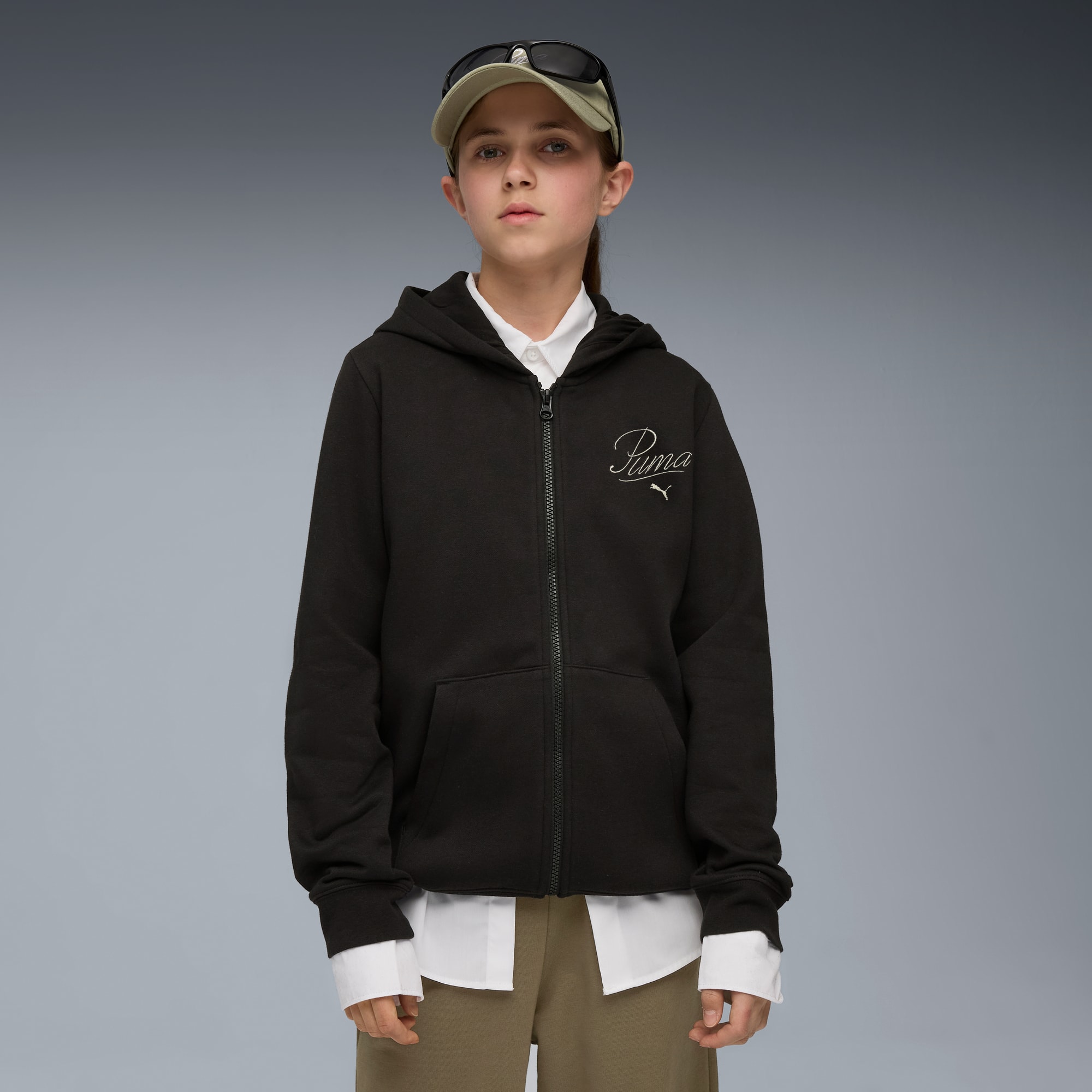 Felpa con zip integrale e cappuccio Essentials Script per ragazzi, PUMA Black, large