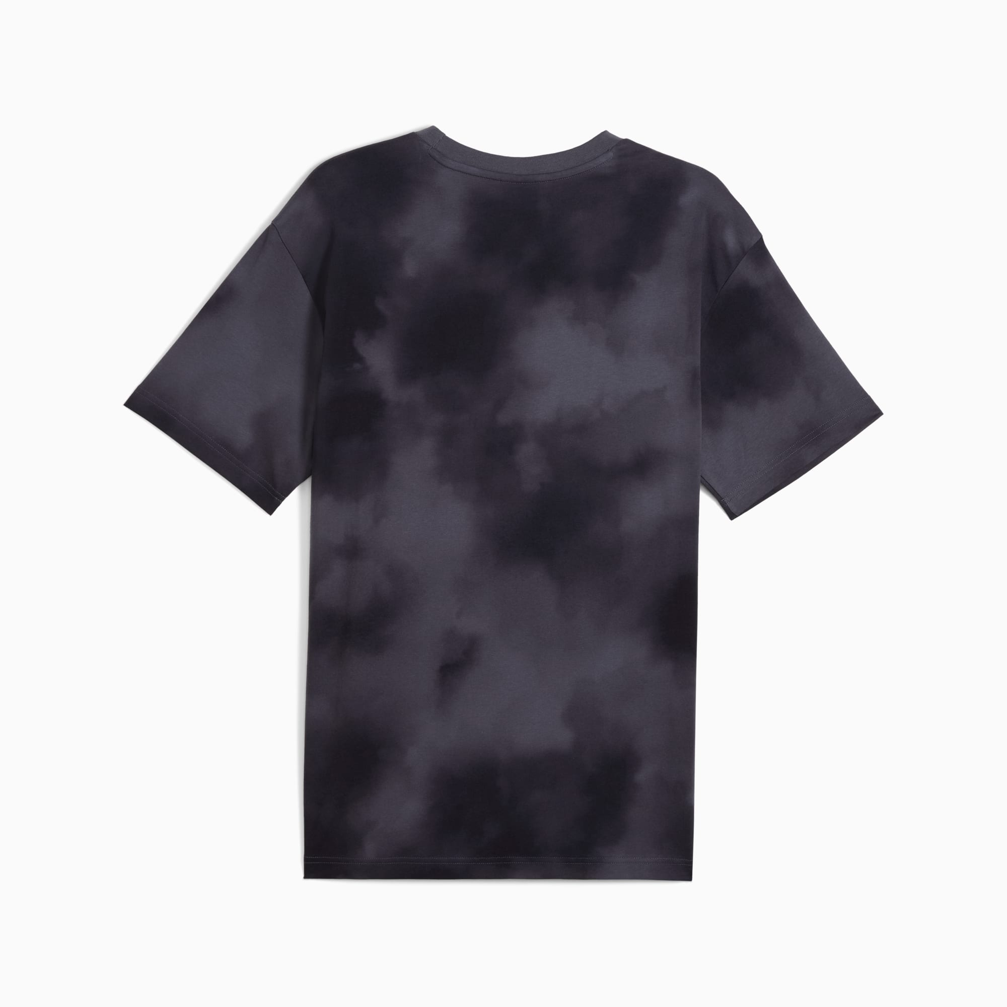 Grey PUMA T-shirt for adults with a cloudy tie-dye pattern.